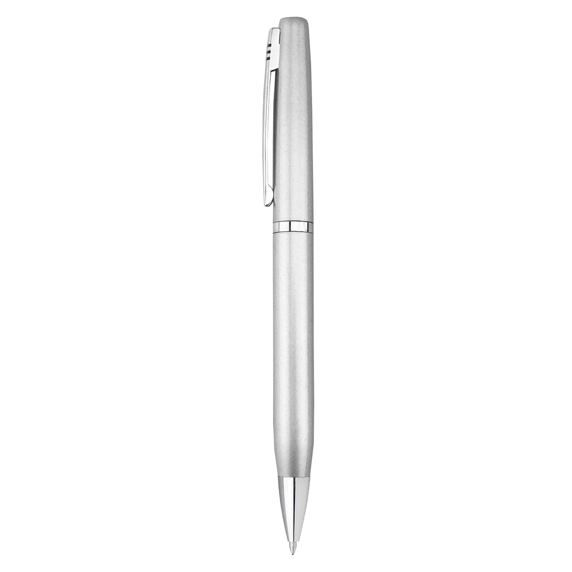 A metal pen in silver, showcasing a sleek and modern design, with a clip and pointed tip.