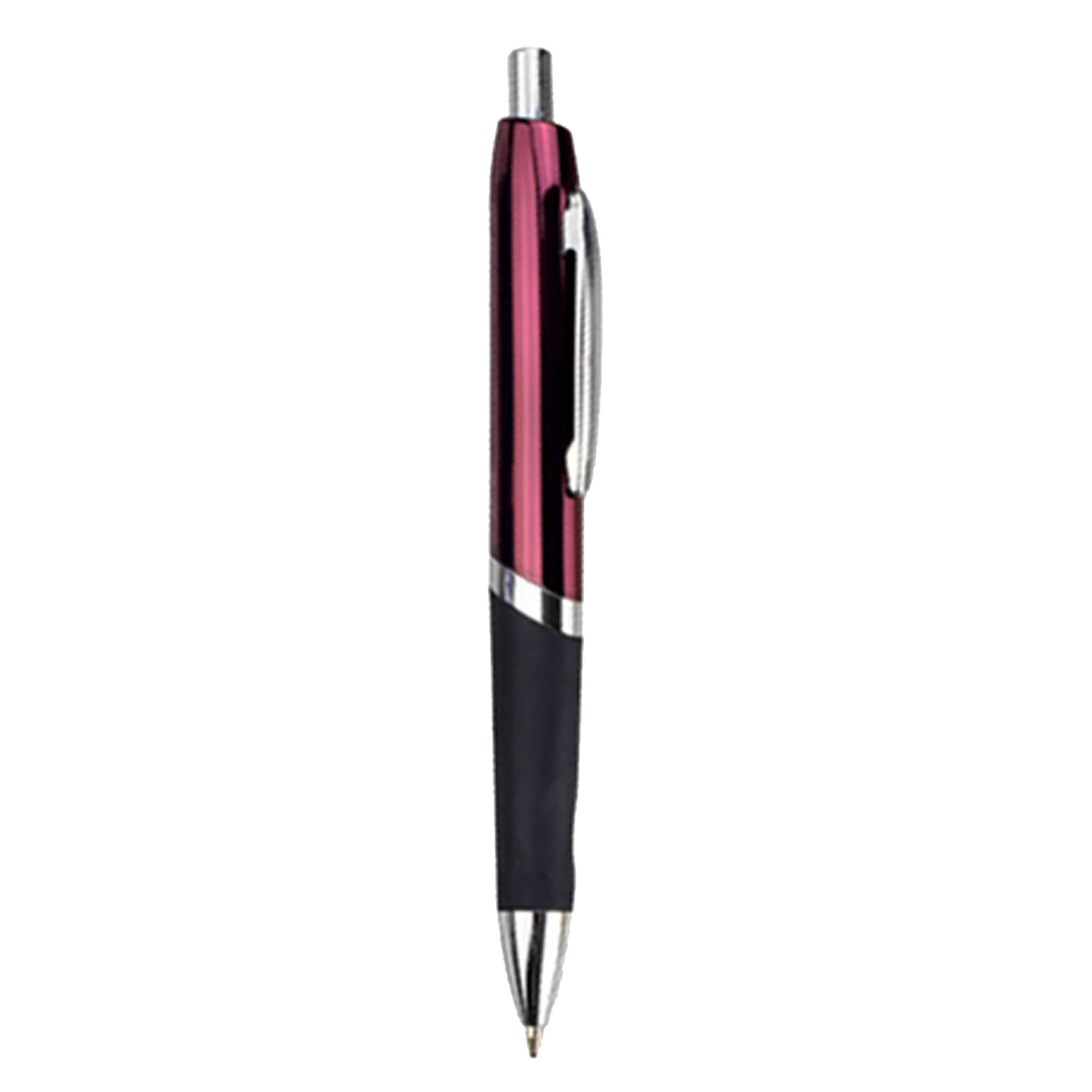 A metal pen in burgundy and silver, featuring a black grip and a logo on the body.