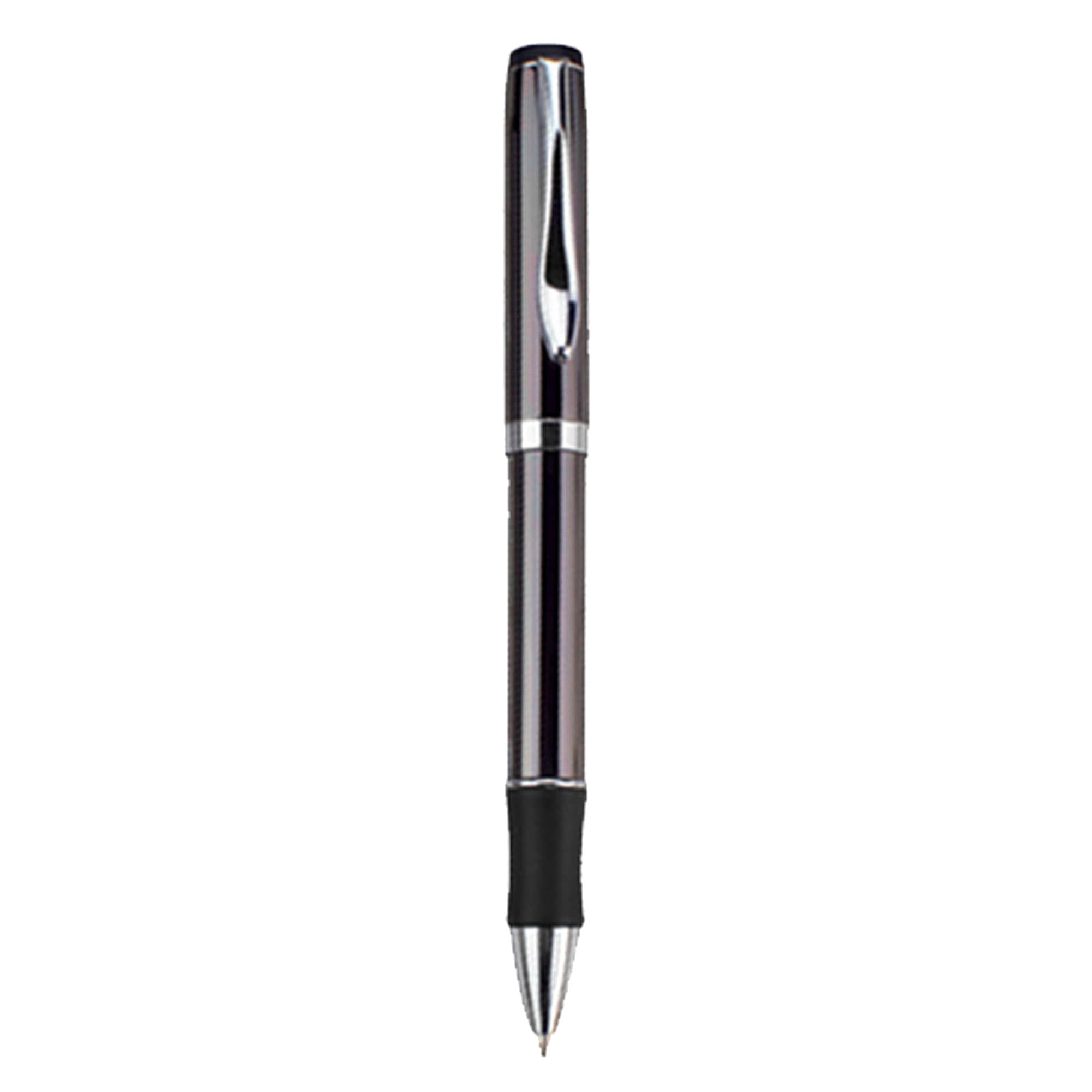 A metal pen in sleek silver with a black grip. The pen features a shiny finish and has a branding logo.