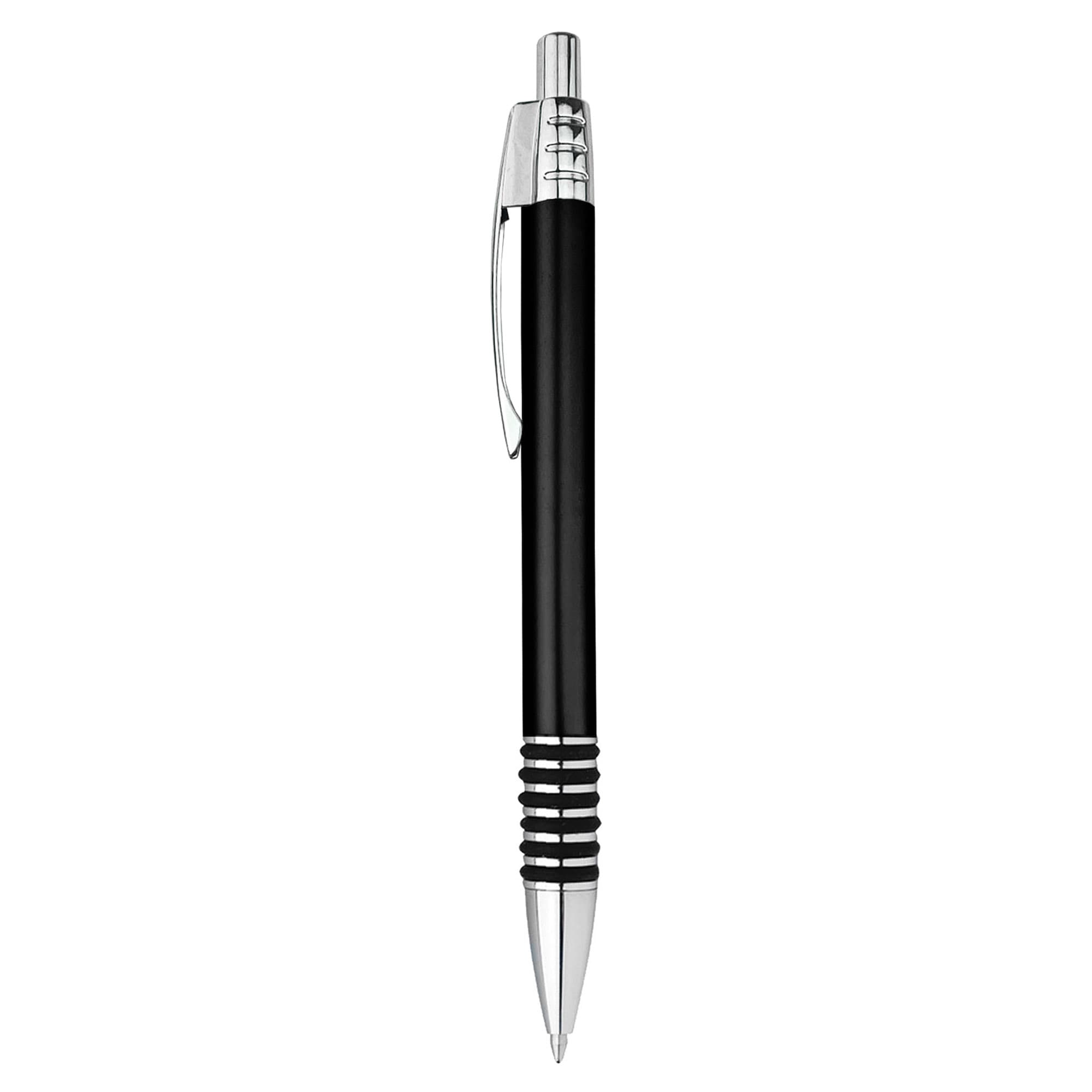 A black metal pen with a chrome clip and accents, featuring a textured grip section and a sleek design.