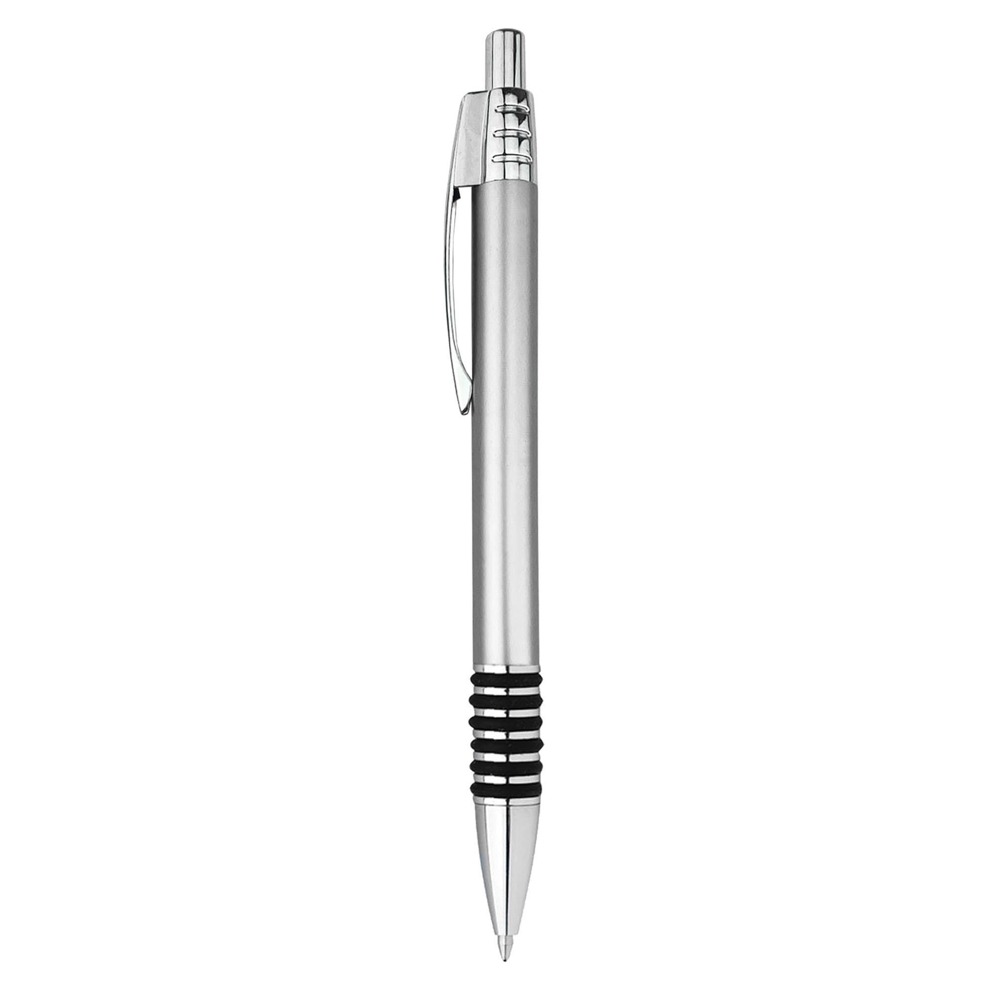 A silver metal pen with a black grip and clip, featuring a polished finish and a logo.