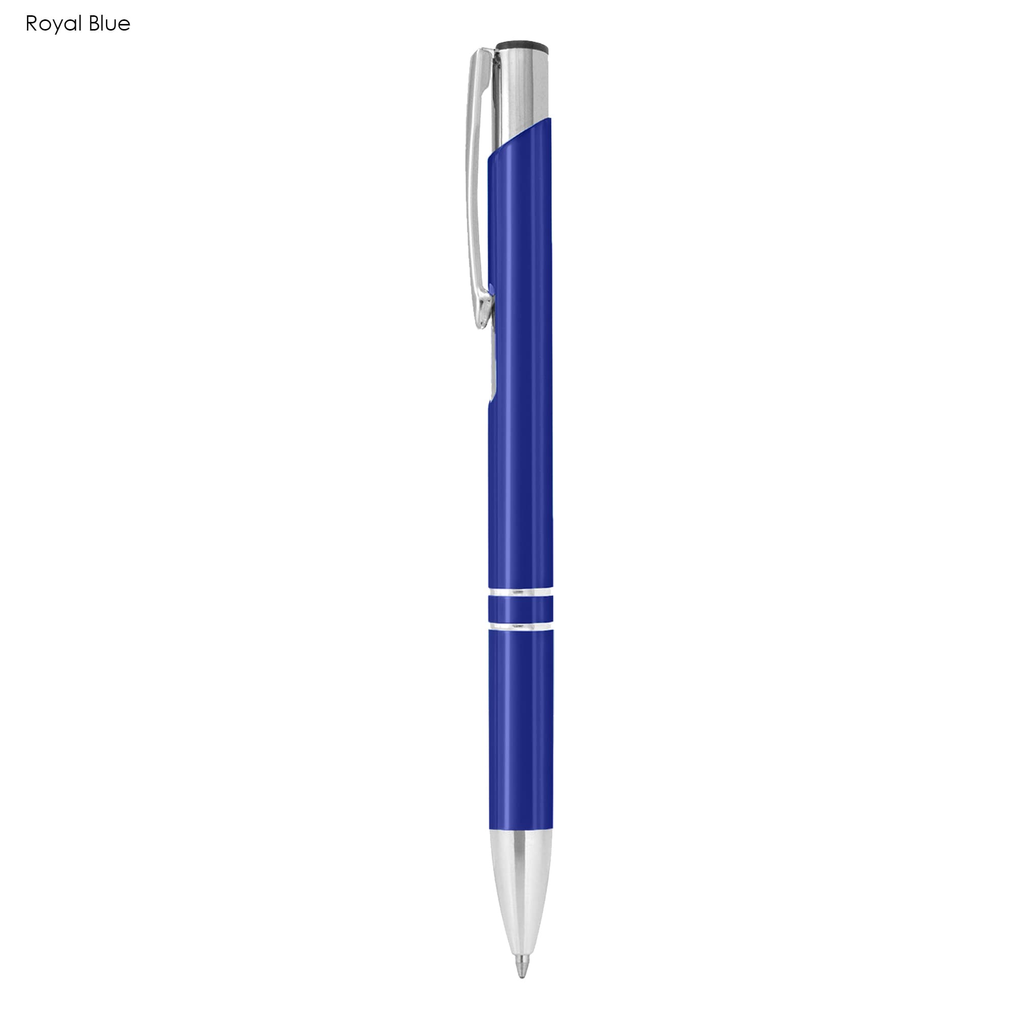 A royal blue metal pen with silver accents and a clip, featuring a smooth, sleek design.