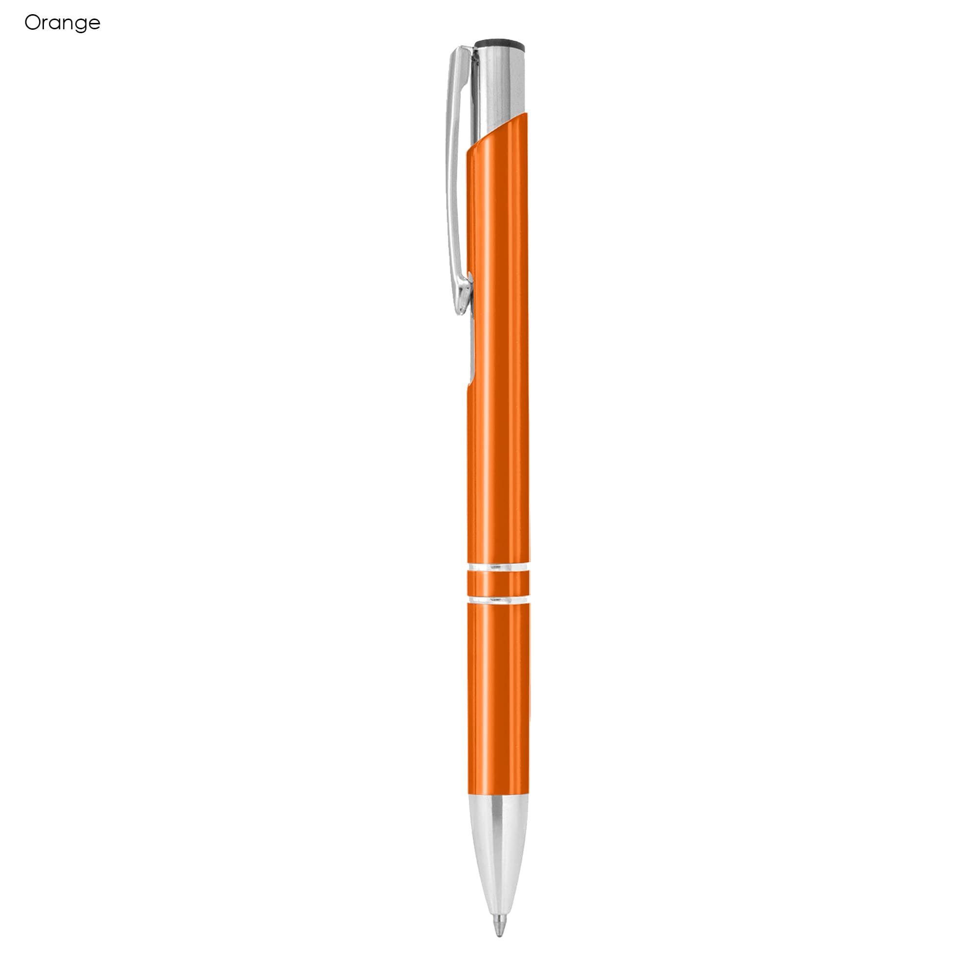 A shiny orange metal pen with silver accents and a clip, featuring a sleek design and branding.