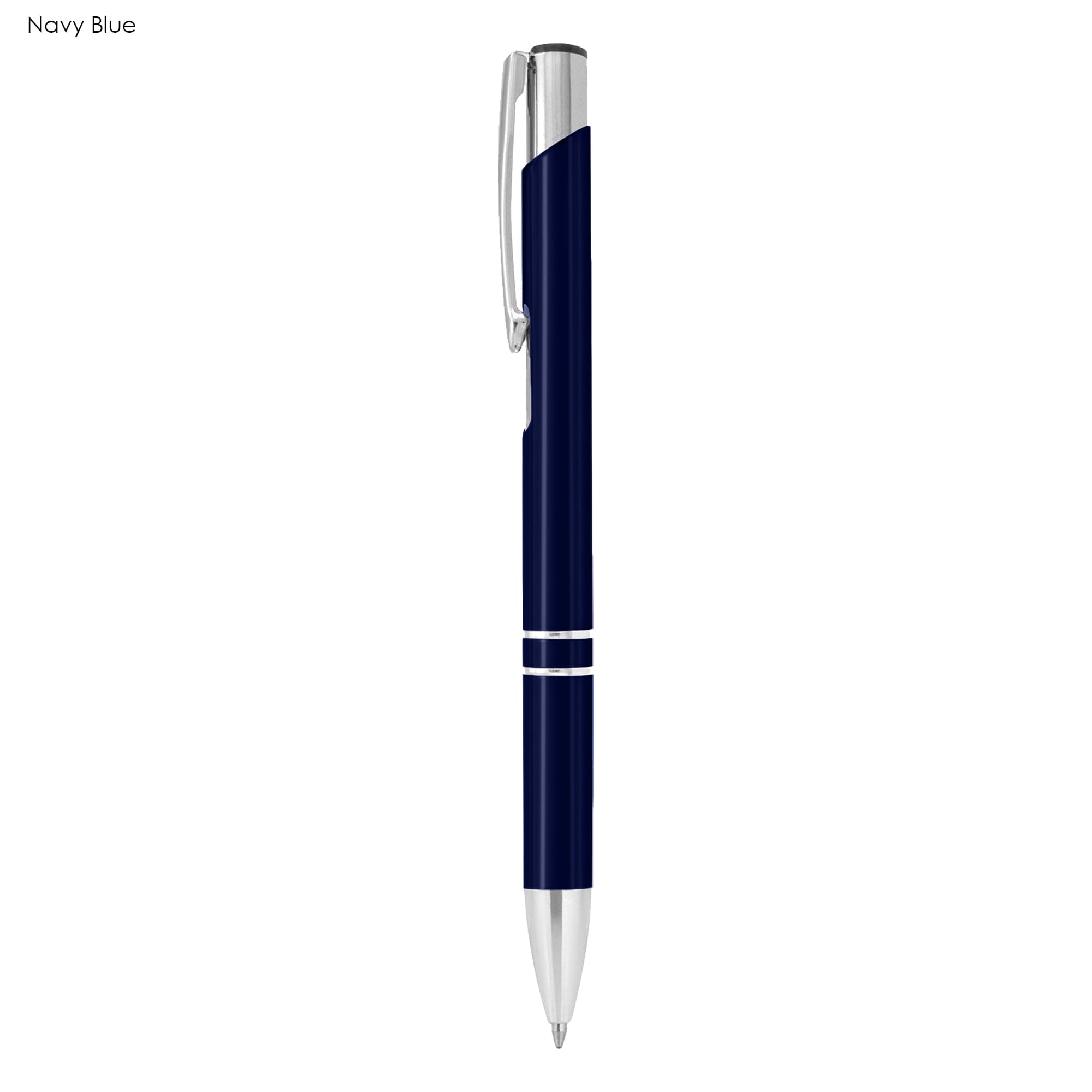 A navy blue metal pen with a silver clip and accents, featuring a logo.
