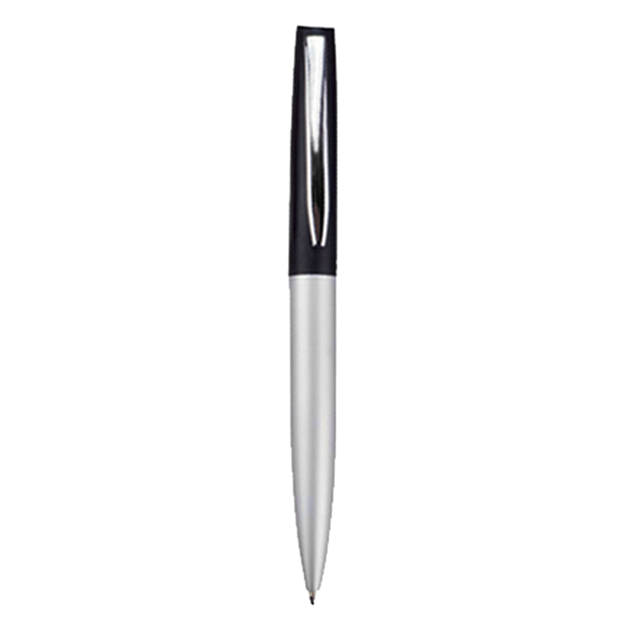 A metal pen in silver and black with a sleek design and a logo on the barrel.