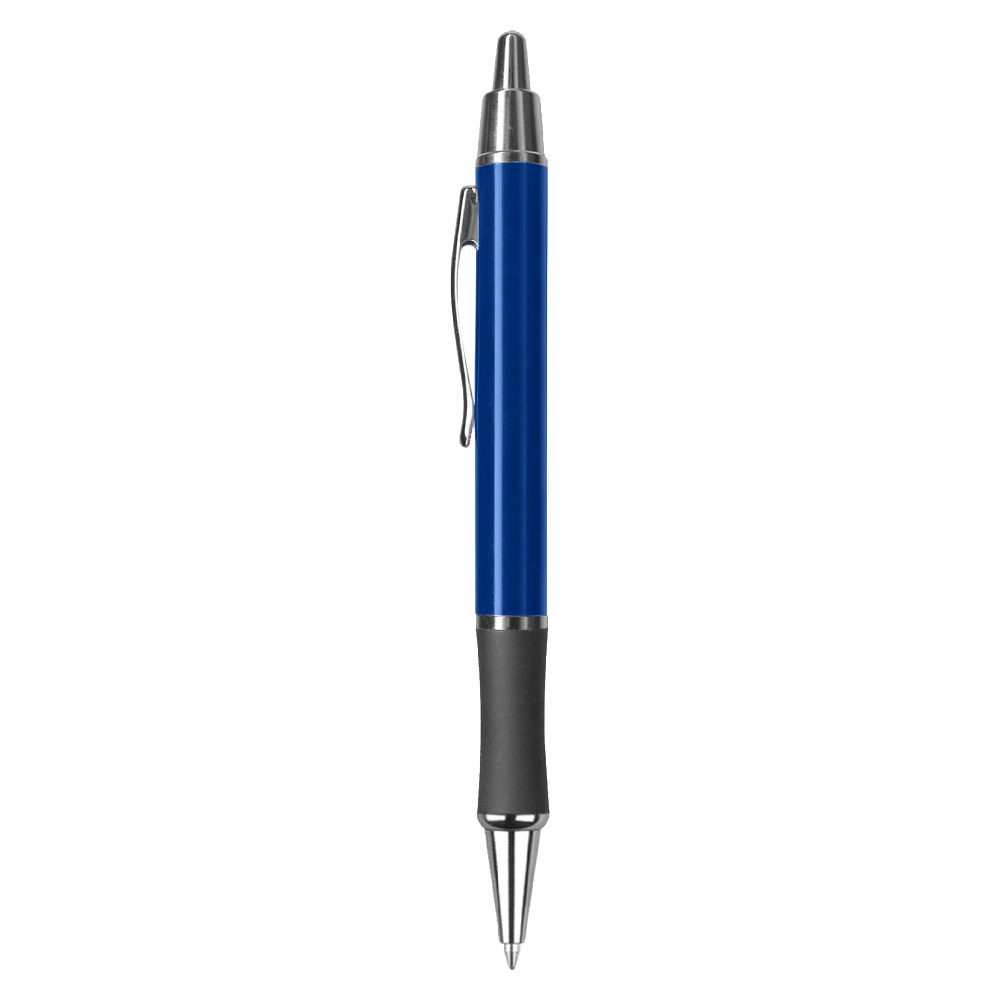 A blue metal pen with a silver clip and black grip, featuring a logo on its body.