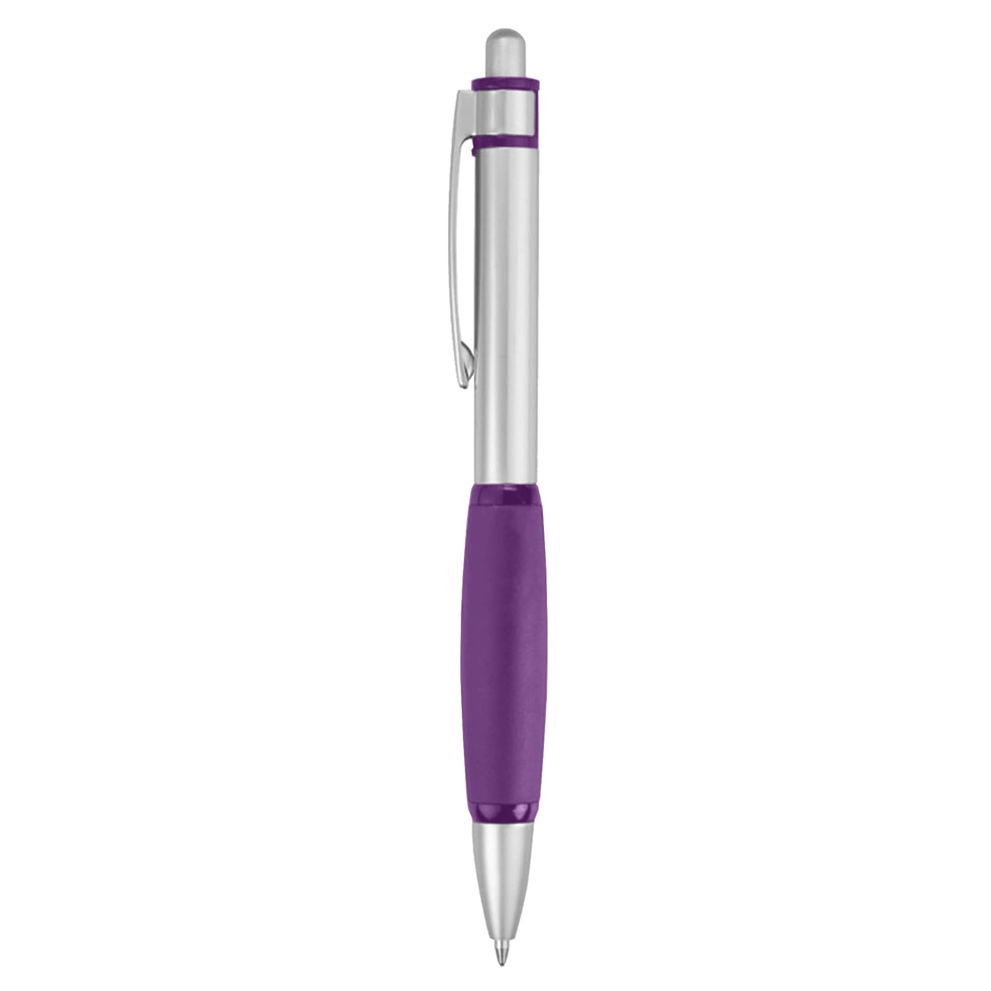A metal pen featuring a silver barrel and a purple grip, complete with a clip and a branding logo.