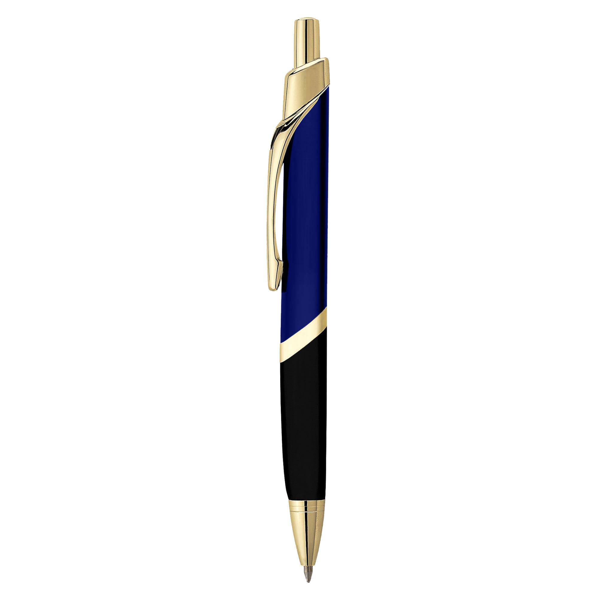 A metal pen featuring a blue and black design with gold accents and a logo.