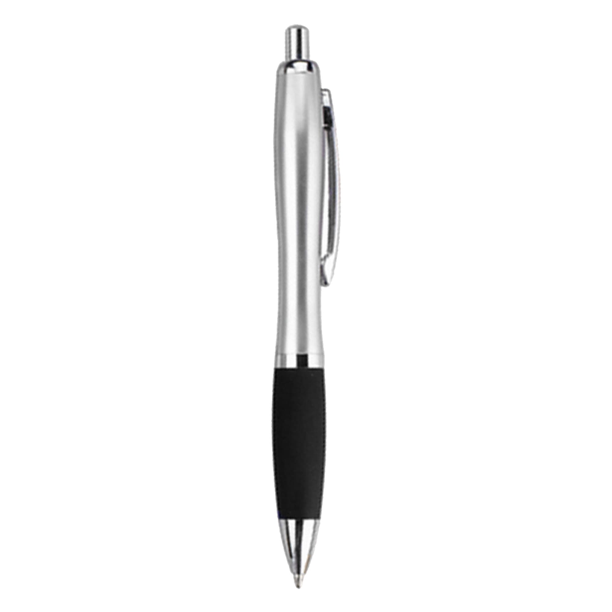 A sleek silver metal pen with a black rubber grip and a logo on the barrel.