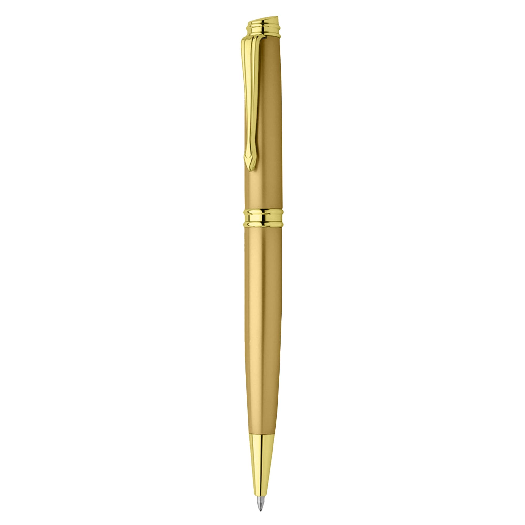 A metal pen in gold with gold accents and a clip. It features a sleek, elegant design.