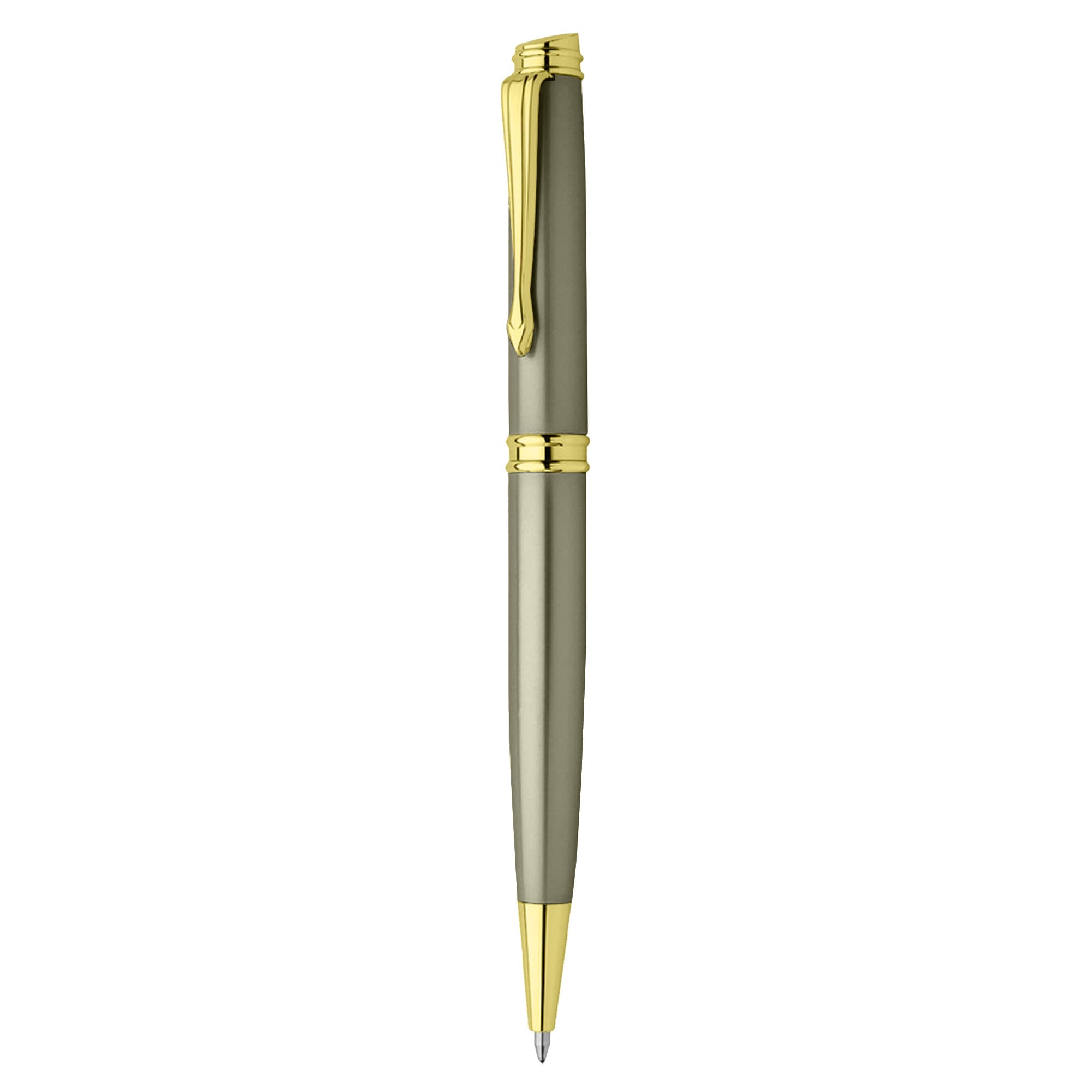 A metal pen in an olive green colour with gold accents and a sleek design, featuring a logo.