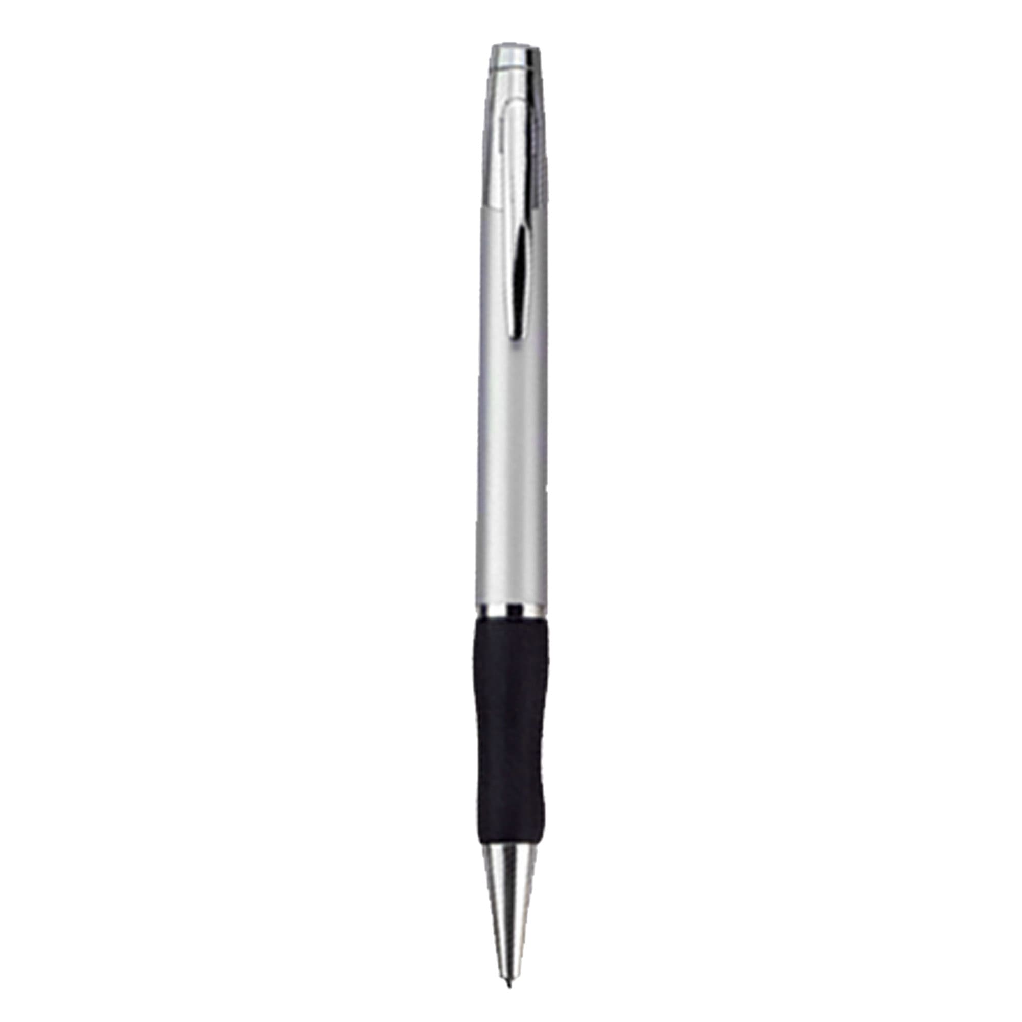 A metal pen in silver with a black grip, featuring a logo on the barrel.