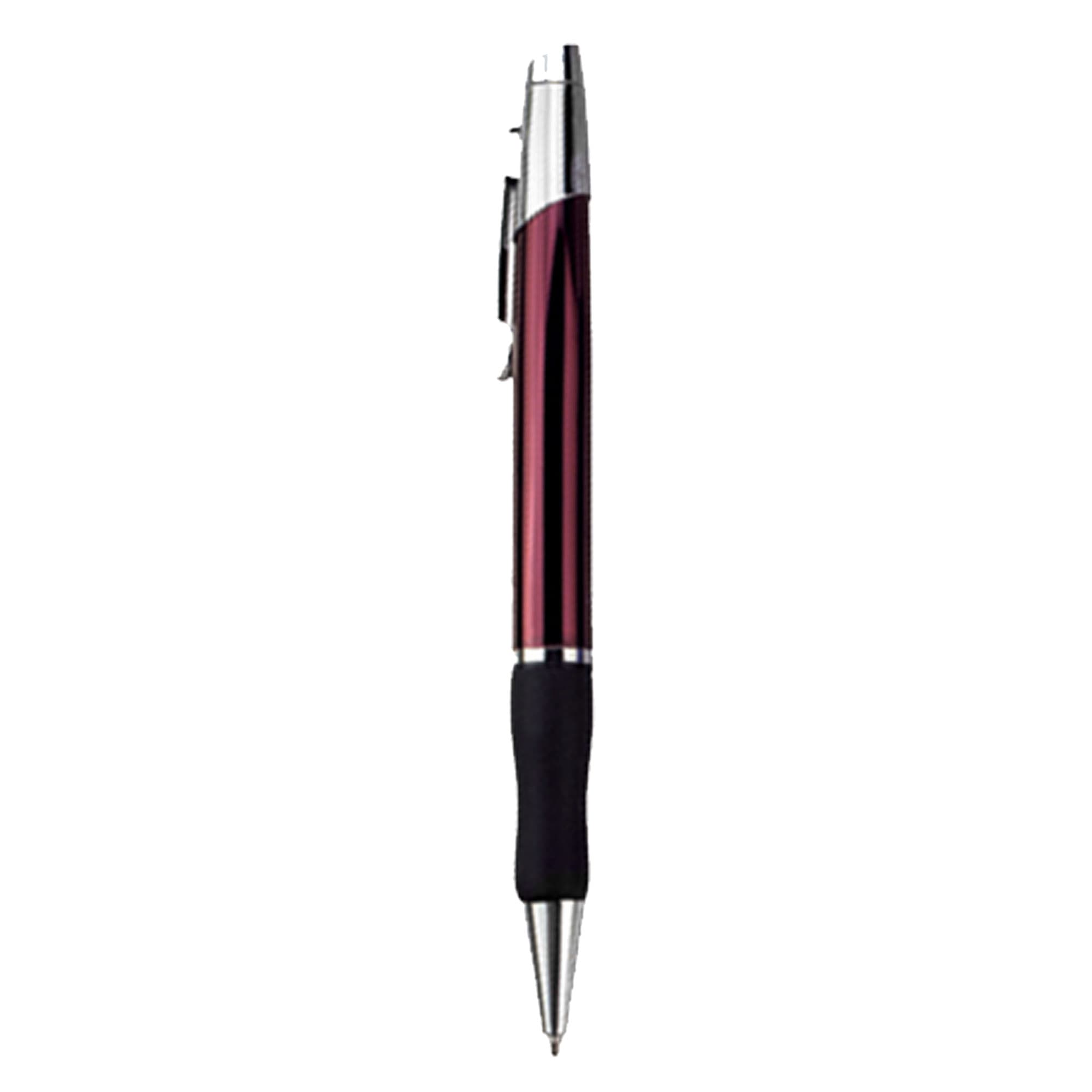 A metal pen with a burgundy and silver finish, featuring a black rubber grip and a logo on the barrel.