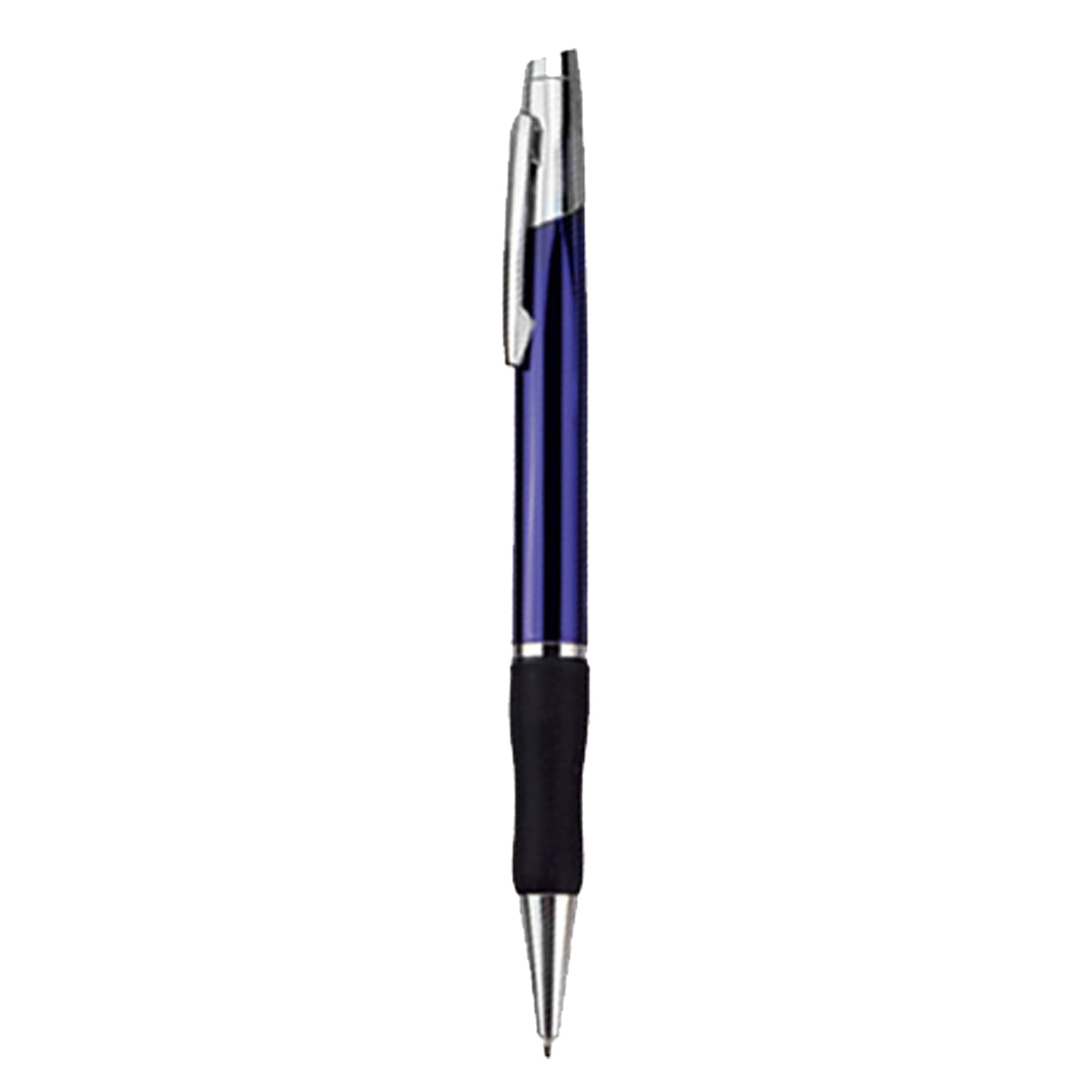 A metal pen in a deep blue colour with a silver clip and a black rubber grip. Features a branding logo.