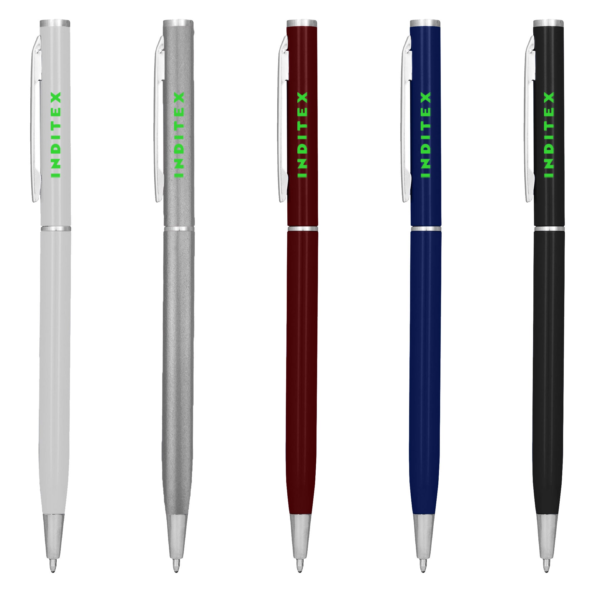Five metal pens in silver, grey, burgundy, blue, and black, each featuring a logo.