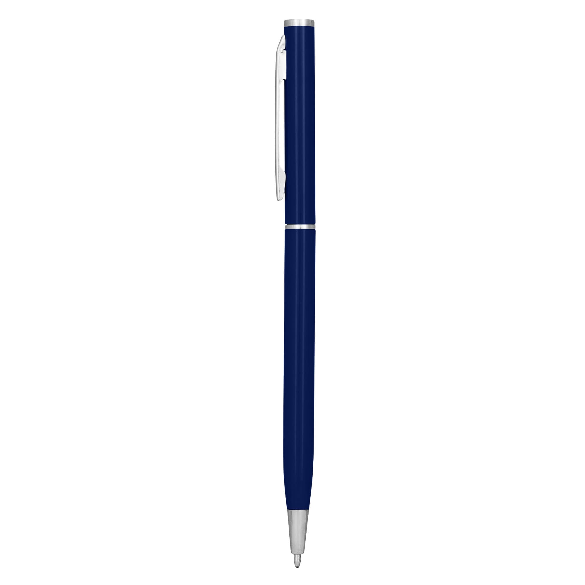 A metal pen in navy blue with silver accents and a clip, featuring a logo on its body.