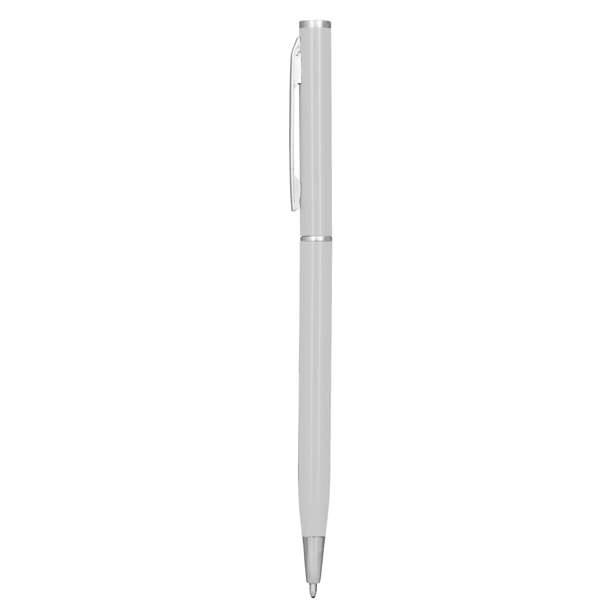 A silver metal pen with a sleek design and clip, featuring a branded logo.