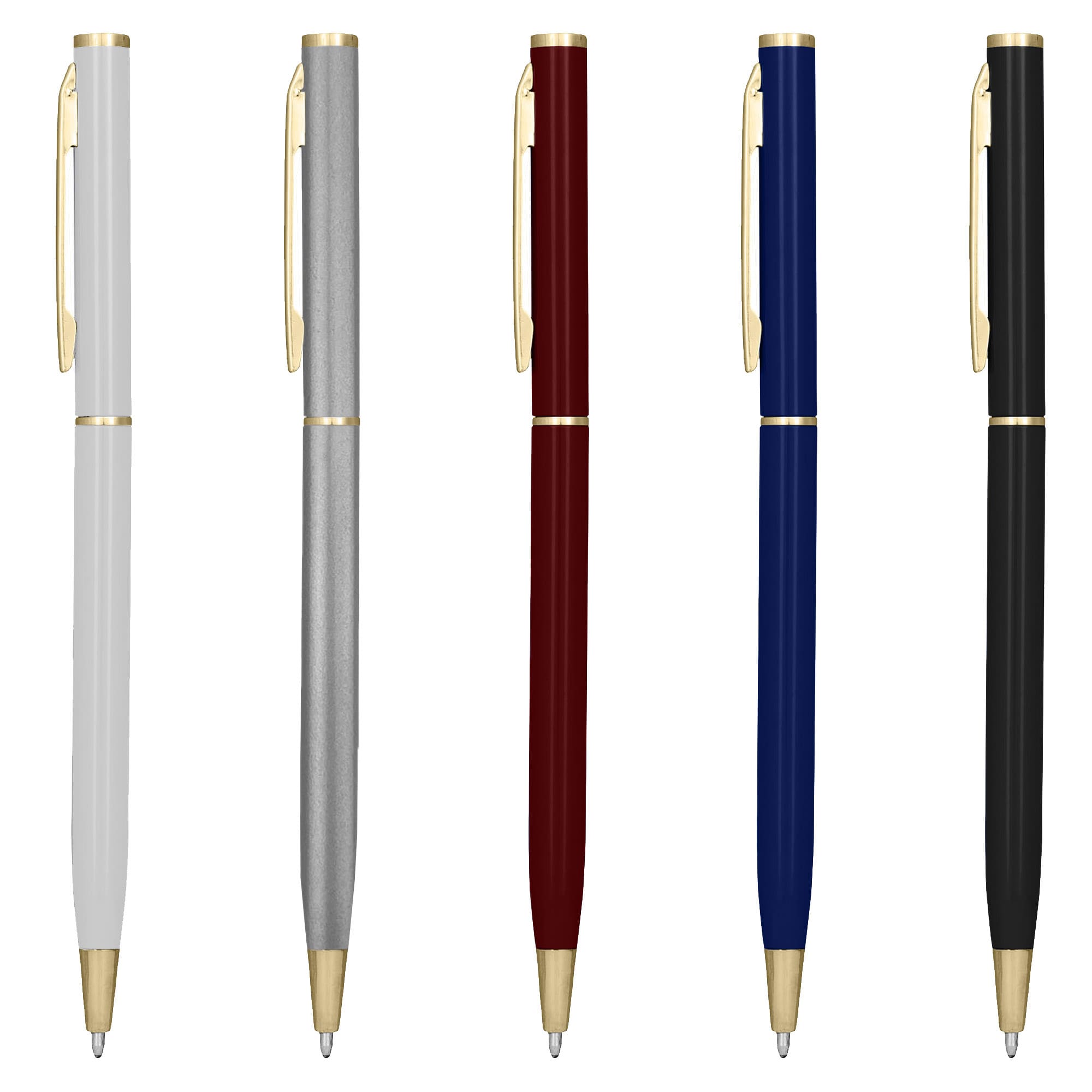 A collection of metal pens in white, silver, burgundy, blue, and black, each with gold accents and a branding logo.