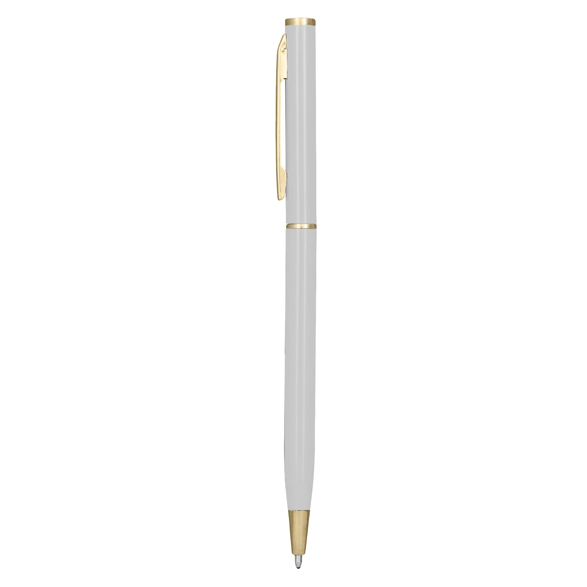 A metal pen in white with gold accents, featuring a clip and a sleek design. Includes branding on the pen.