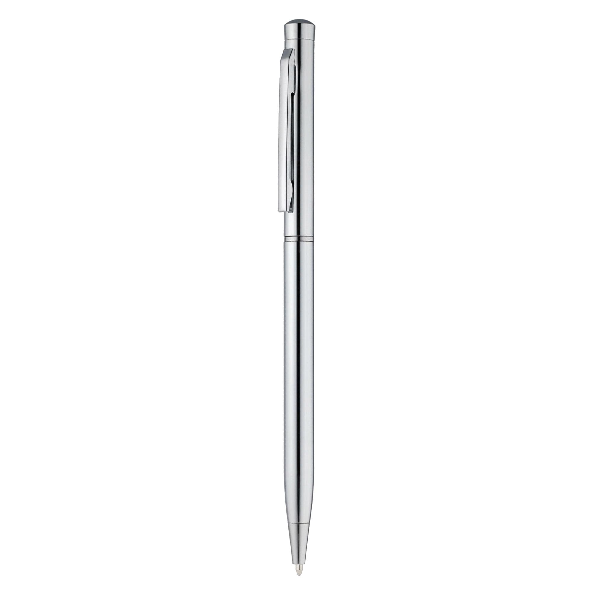 A metal pen in sleek silver, featuring a clip and smooth design, with a branding logo on the barrel.