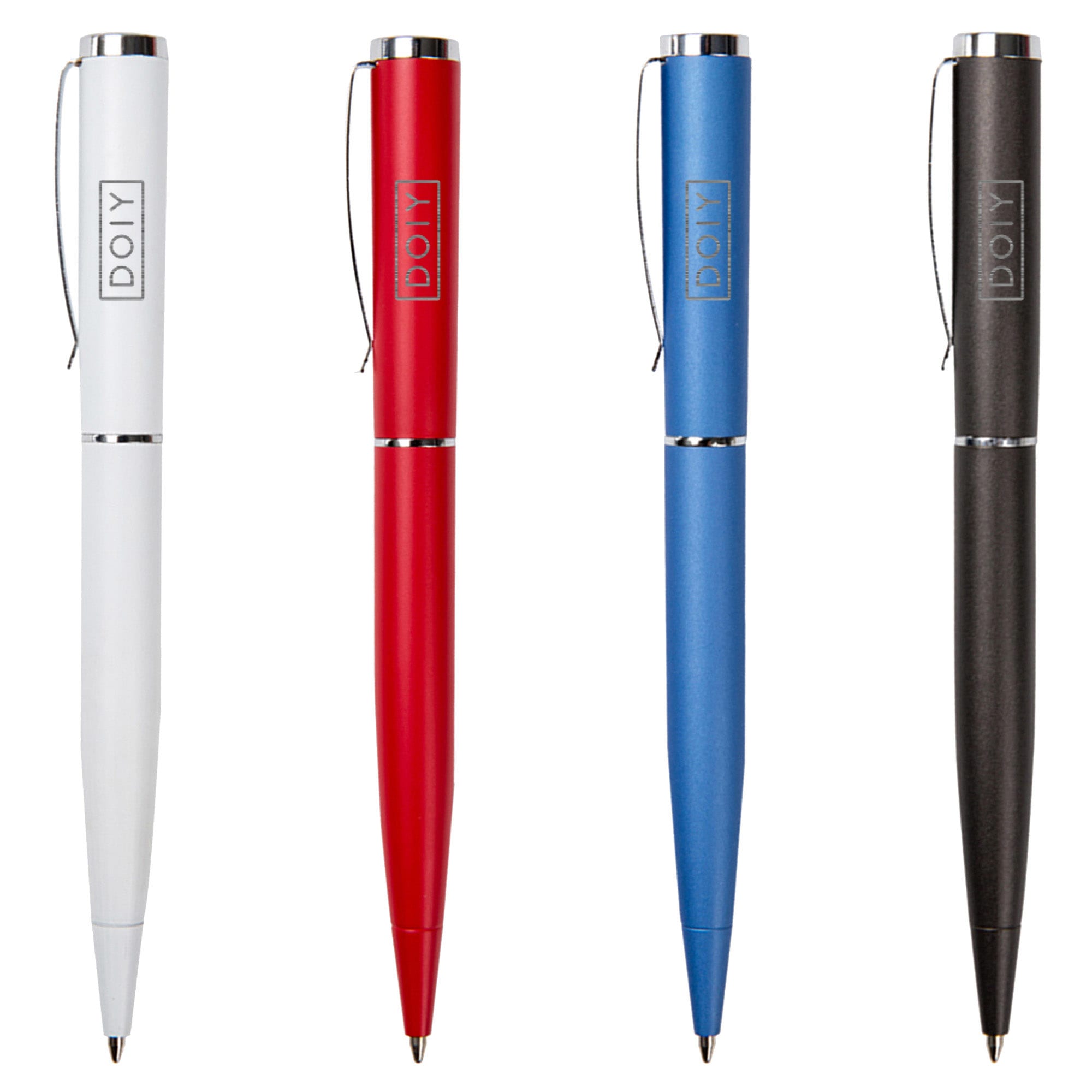 A set of four metal pens in white, red, blue, and black, featuring a logo.