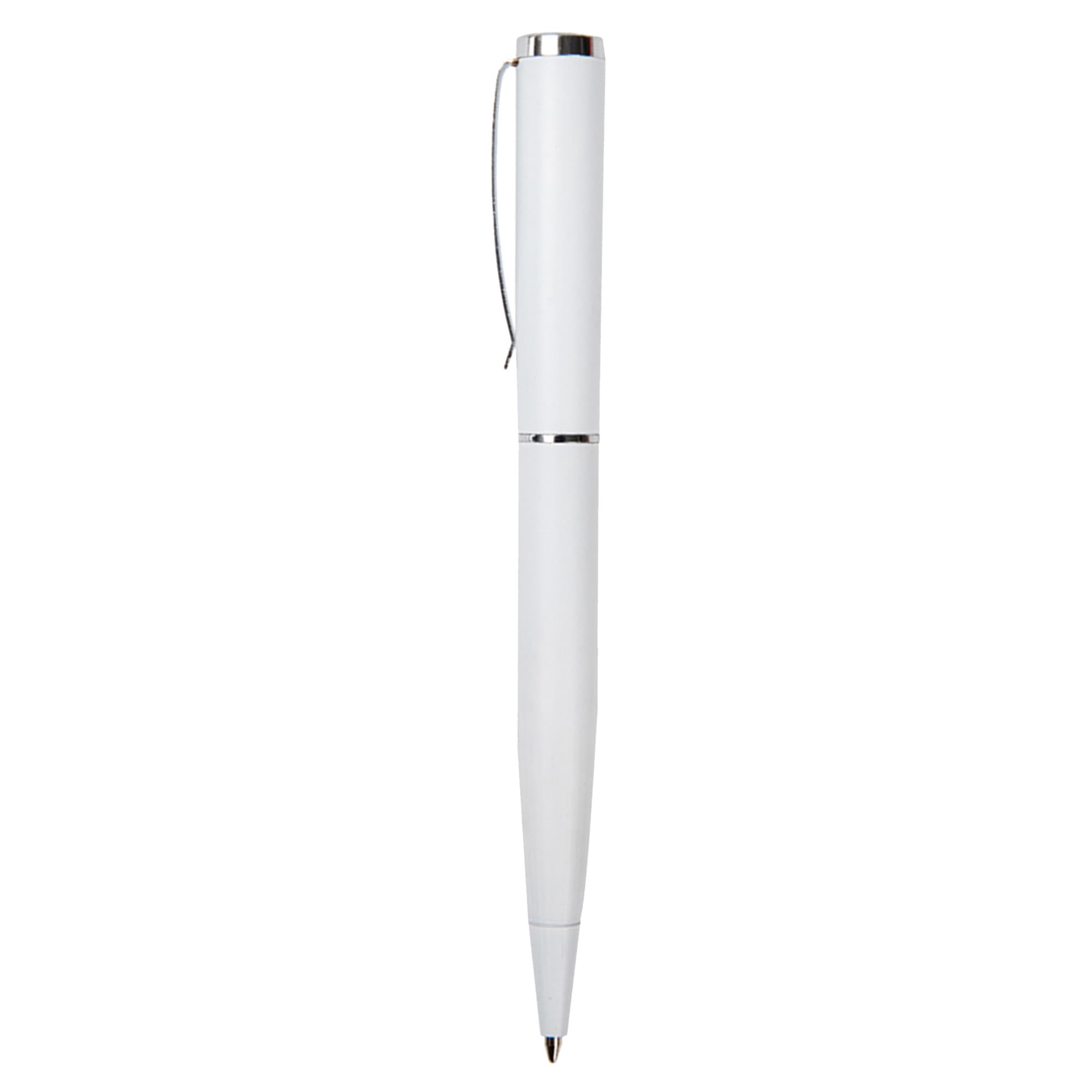 A white metal pen with a sleek design and silver accents, featuring a clip and a branding logo.