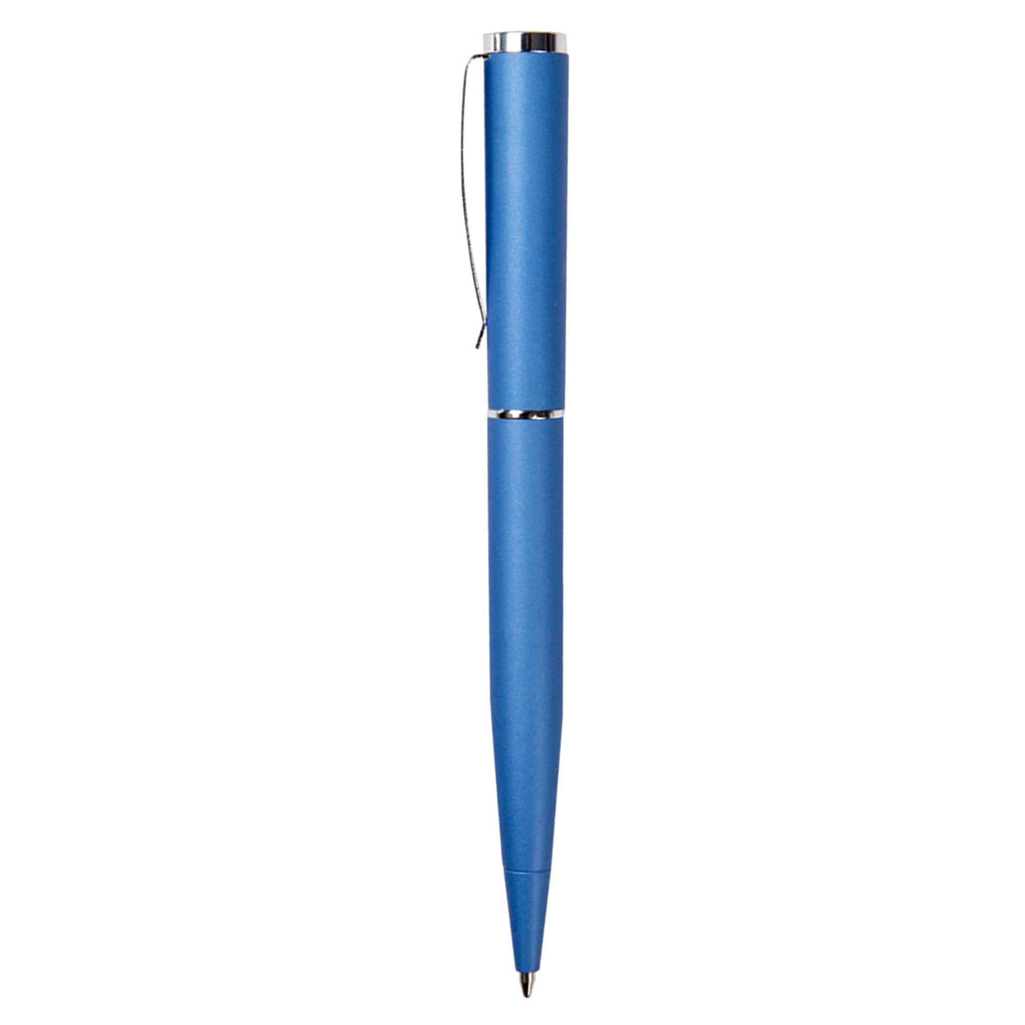 A blue metal pen with a sleek design and a silver clip, featuring a logo on its body.