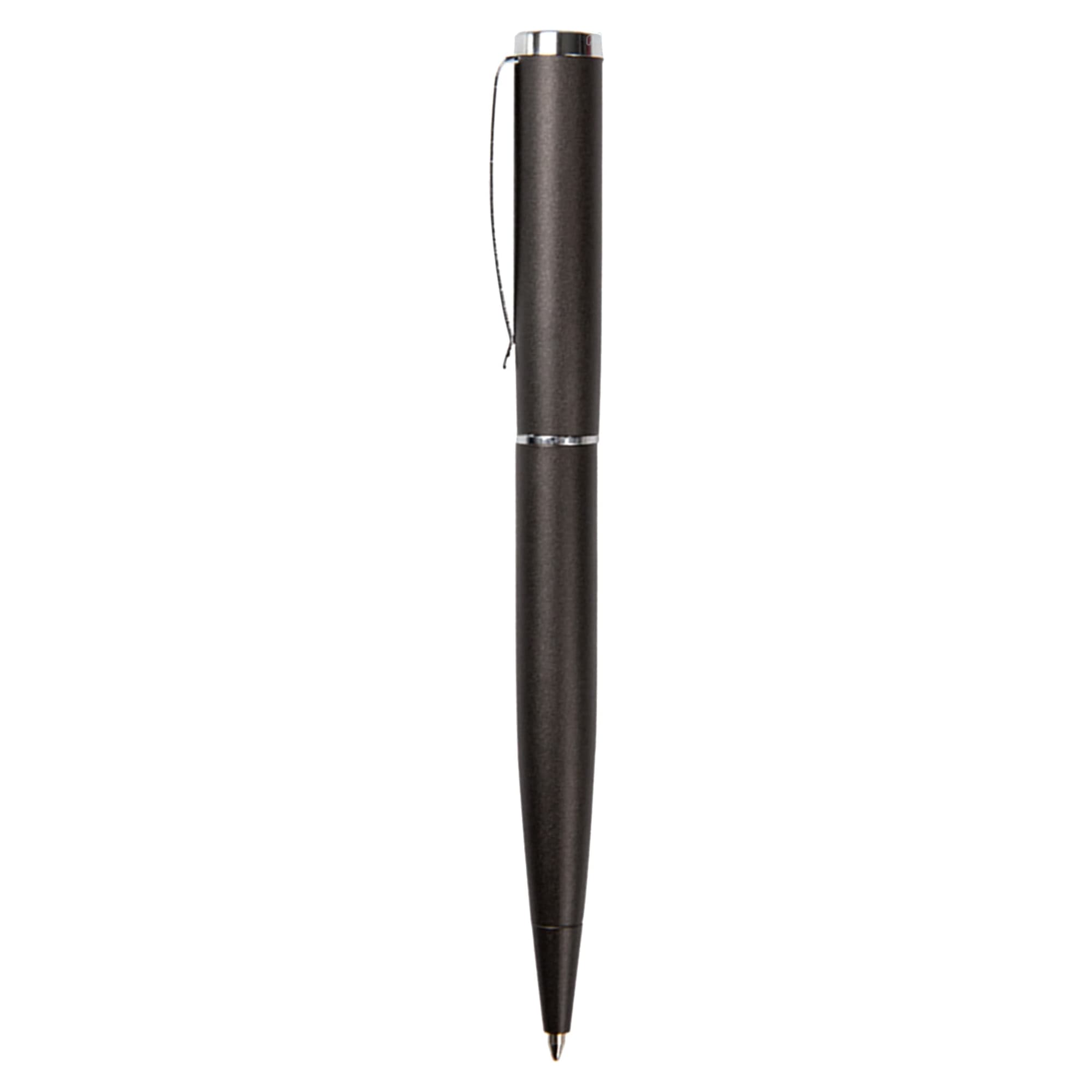 A metal pen in a sleek dark finish with a clip and a subtle silver accent. Includes a logo branding.