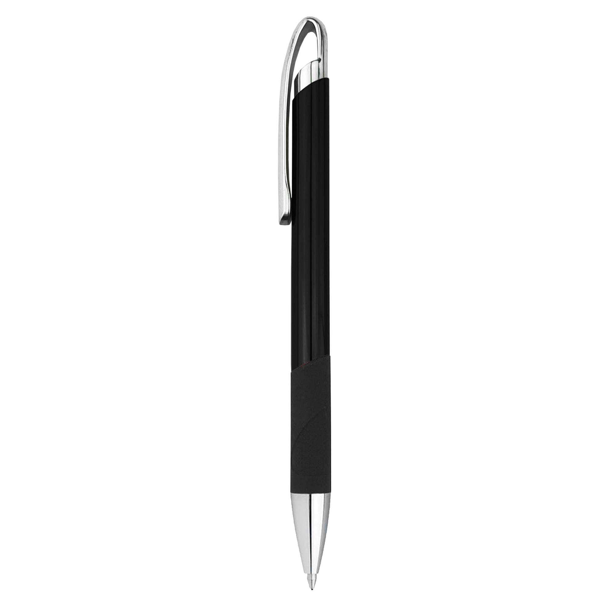 A sleek black metal pen with a silver clip and grip, featuring a simple design.