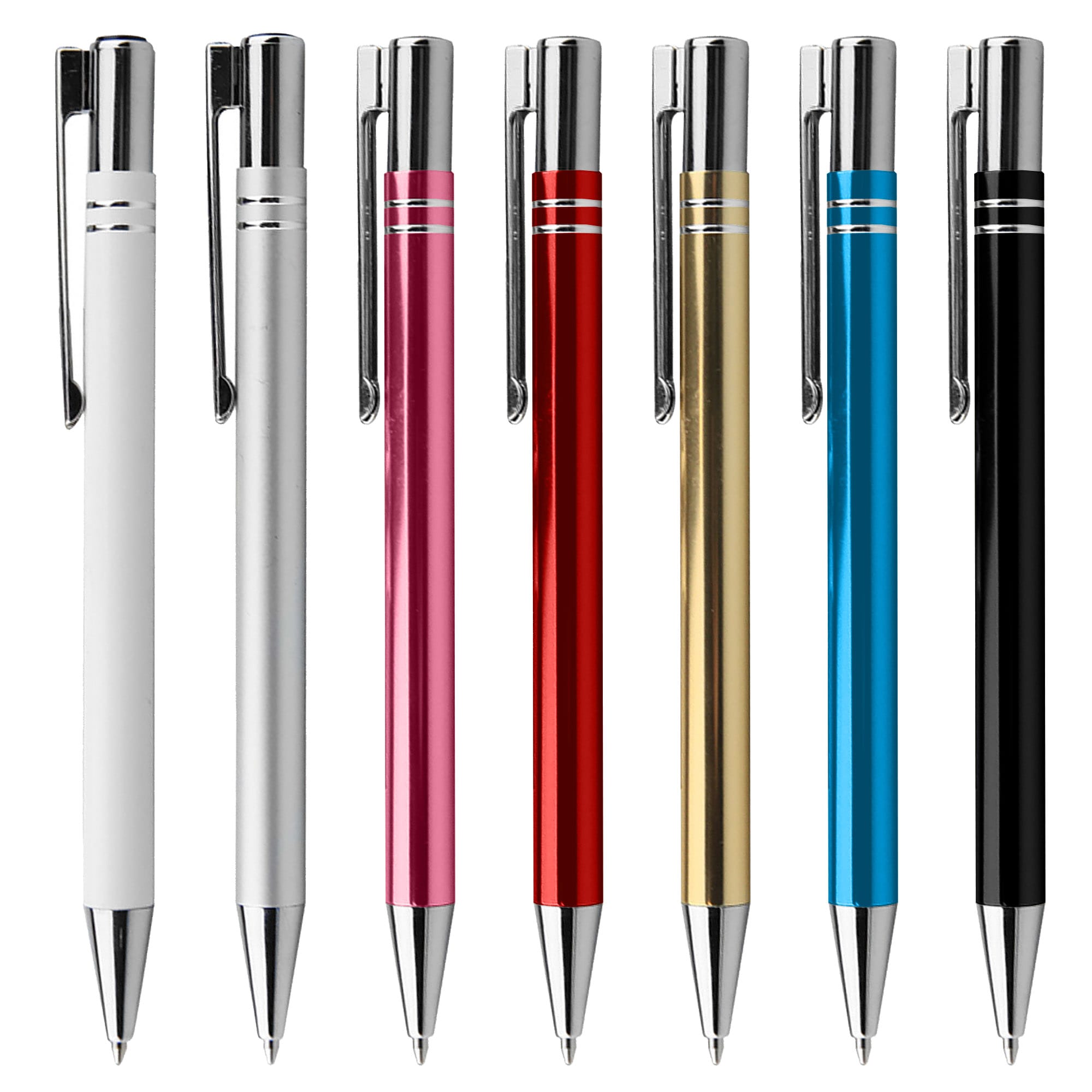 A collection of metal pens in white, pink, red, gold, blue, and black, featuring silver accents and clips.