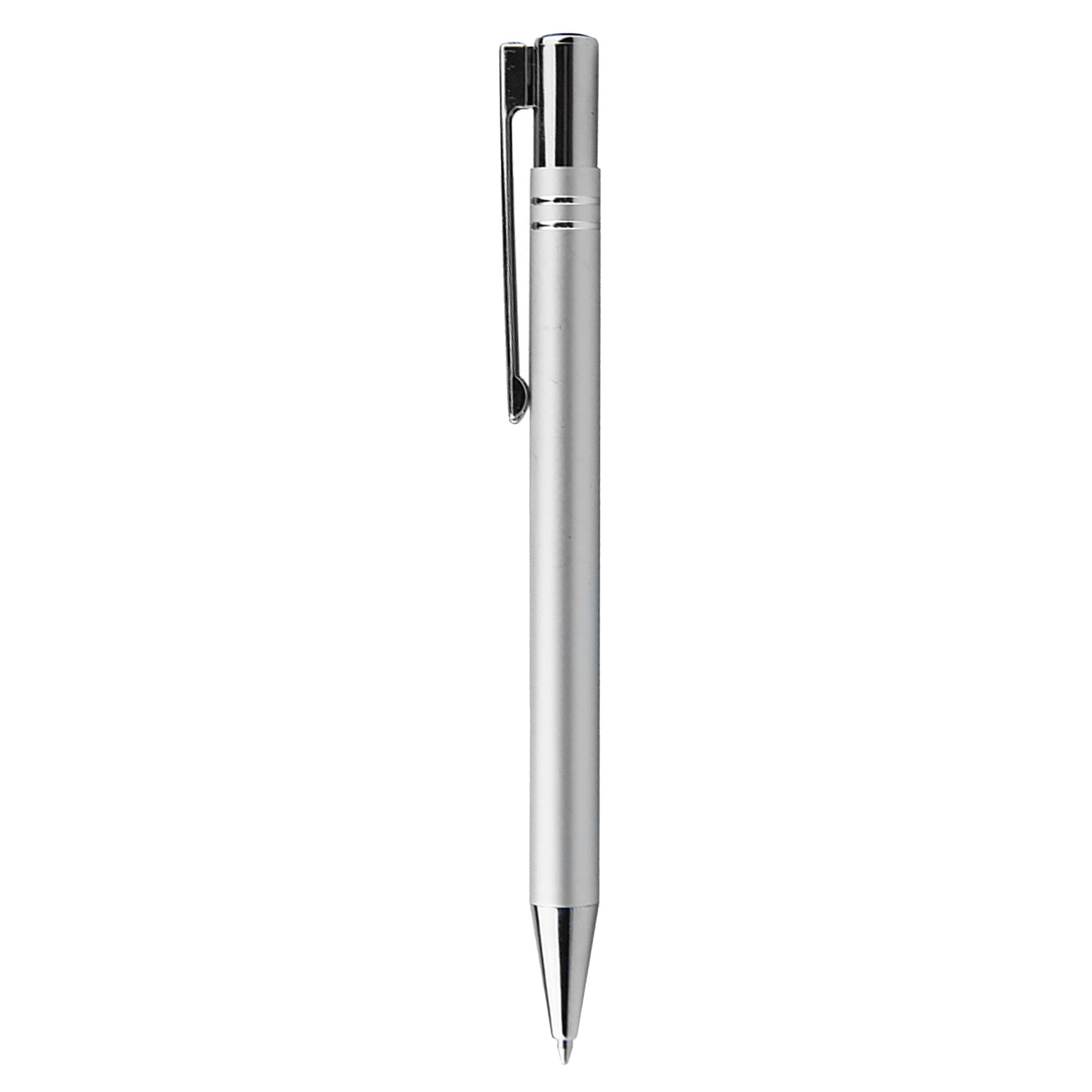 A metal pen in a sleek silver finish with a clip and a polished tip. It features a branding logo.