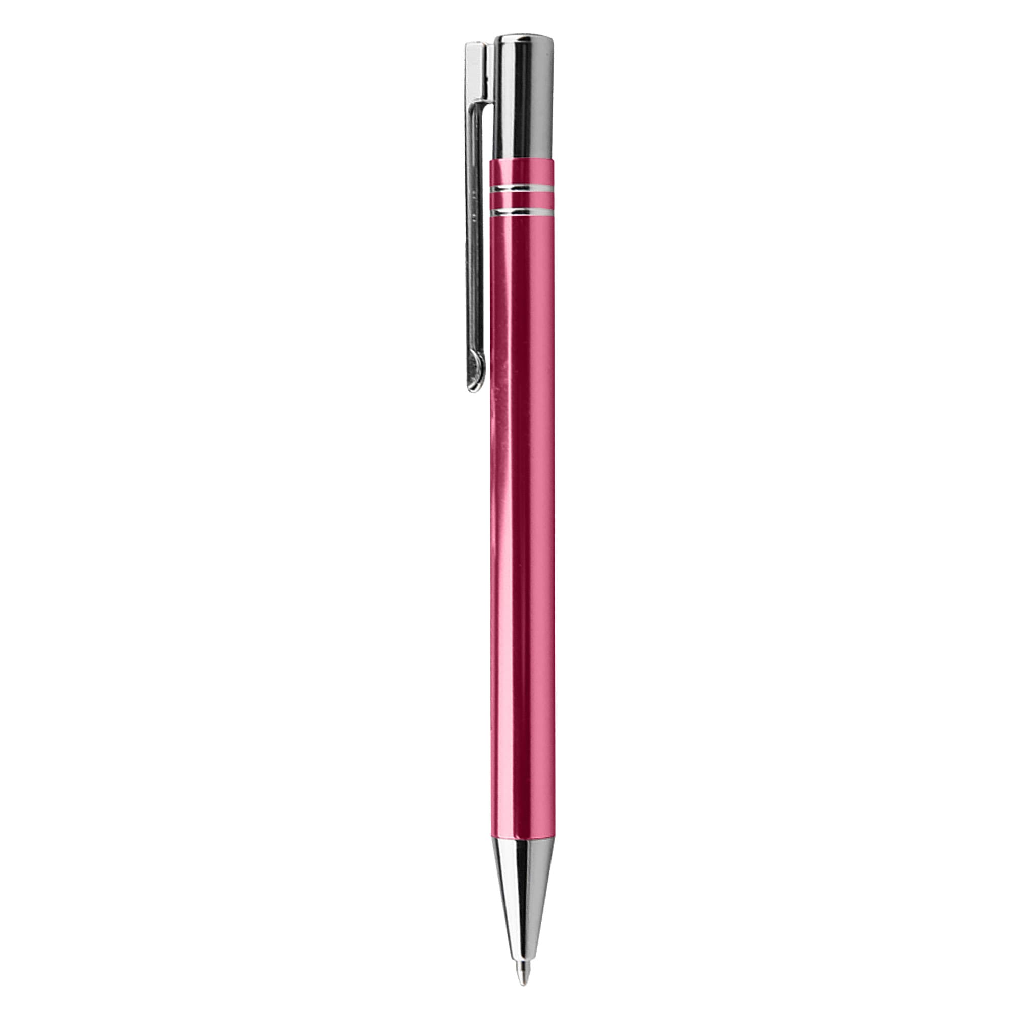 A metal pen in a vibrant pink colour with chrome accents and a clip. Includes brand logo.