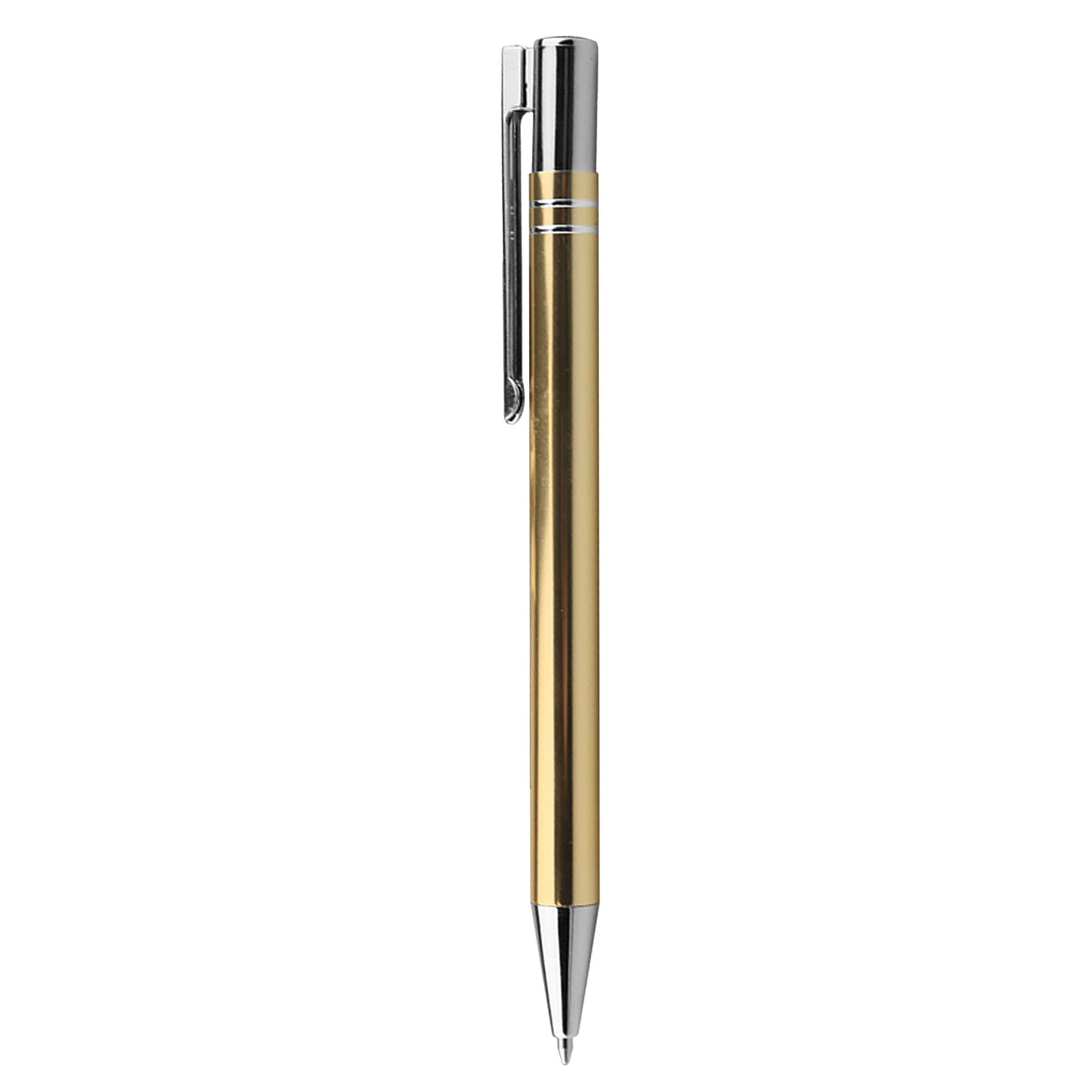 A metal pen with a sleek gold body and silver accents, featuring a clip and a shiny finish.