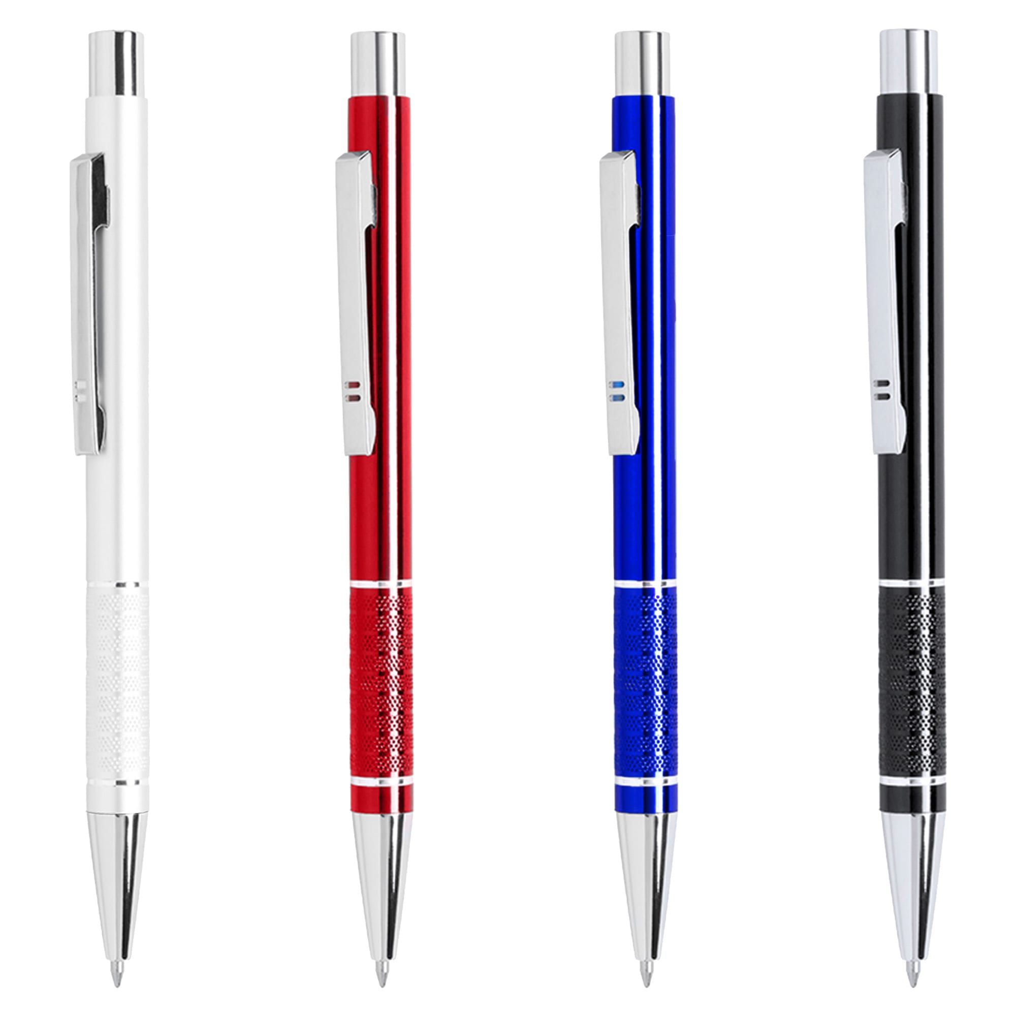 Metal pens in white, red, blue, and black with a textured grip and silver accents. Each pen features a branding logo.