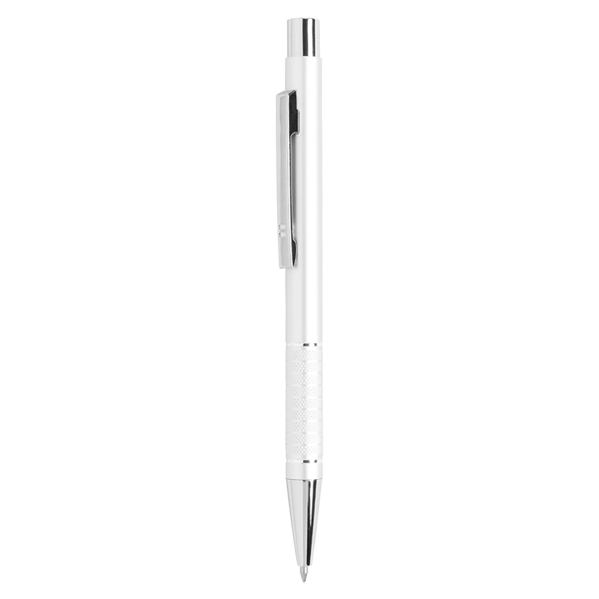 A metal pen in white with silver accents and a textured grip, featuring a clip and sleek design.