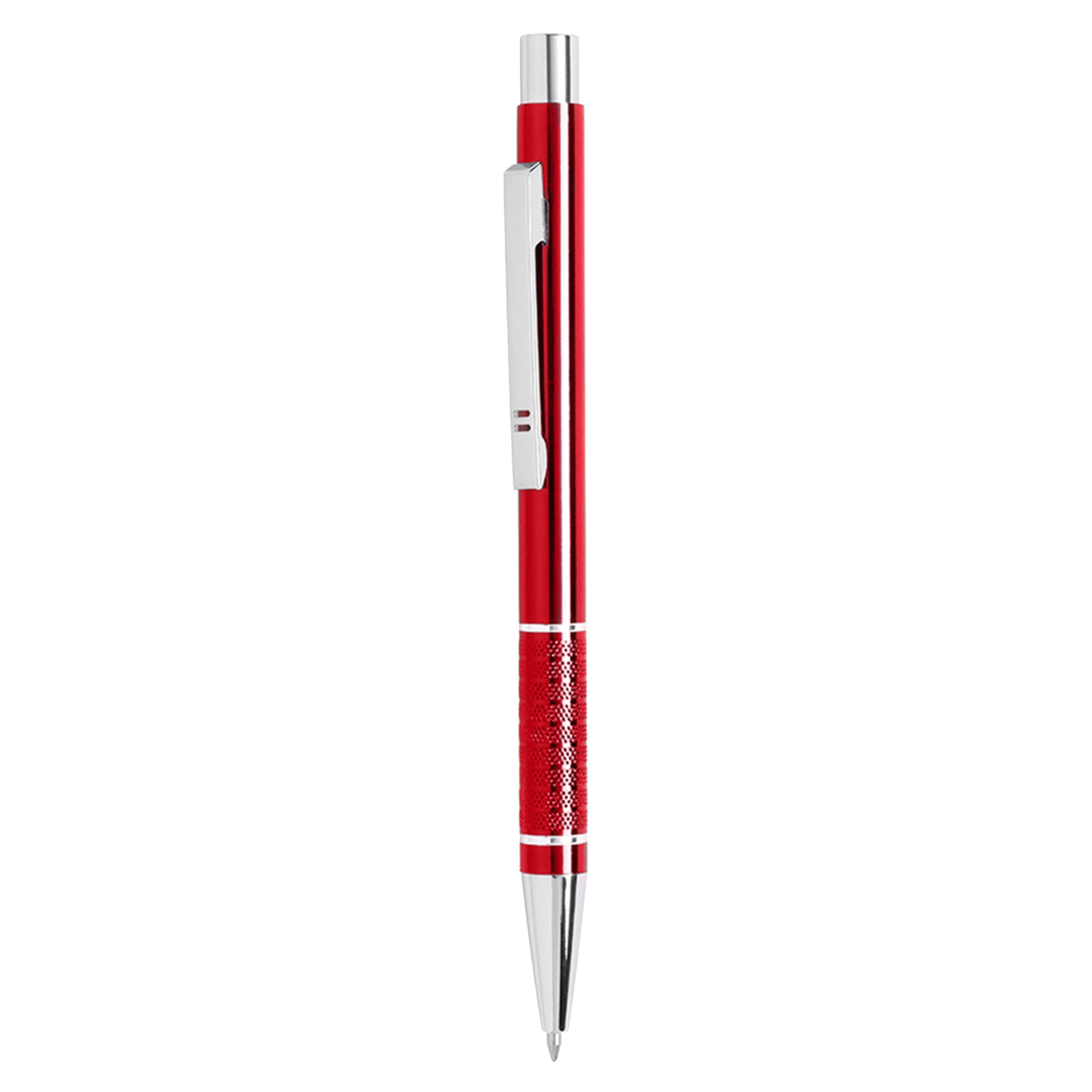 A metal pen in vibrant red with silver accents and a textured grip, featuring a clip and logo.