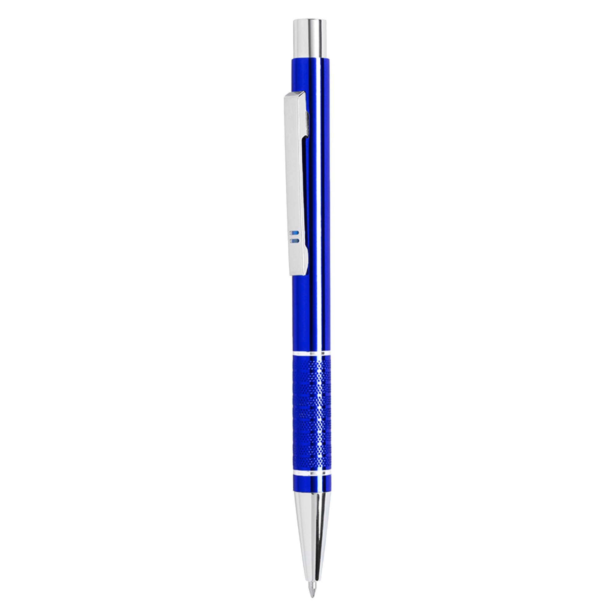 A metal pen in blue and silver, featuring a textured grip and a clip for easy attachment.