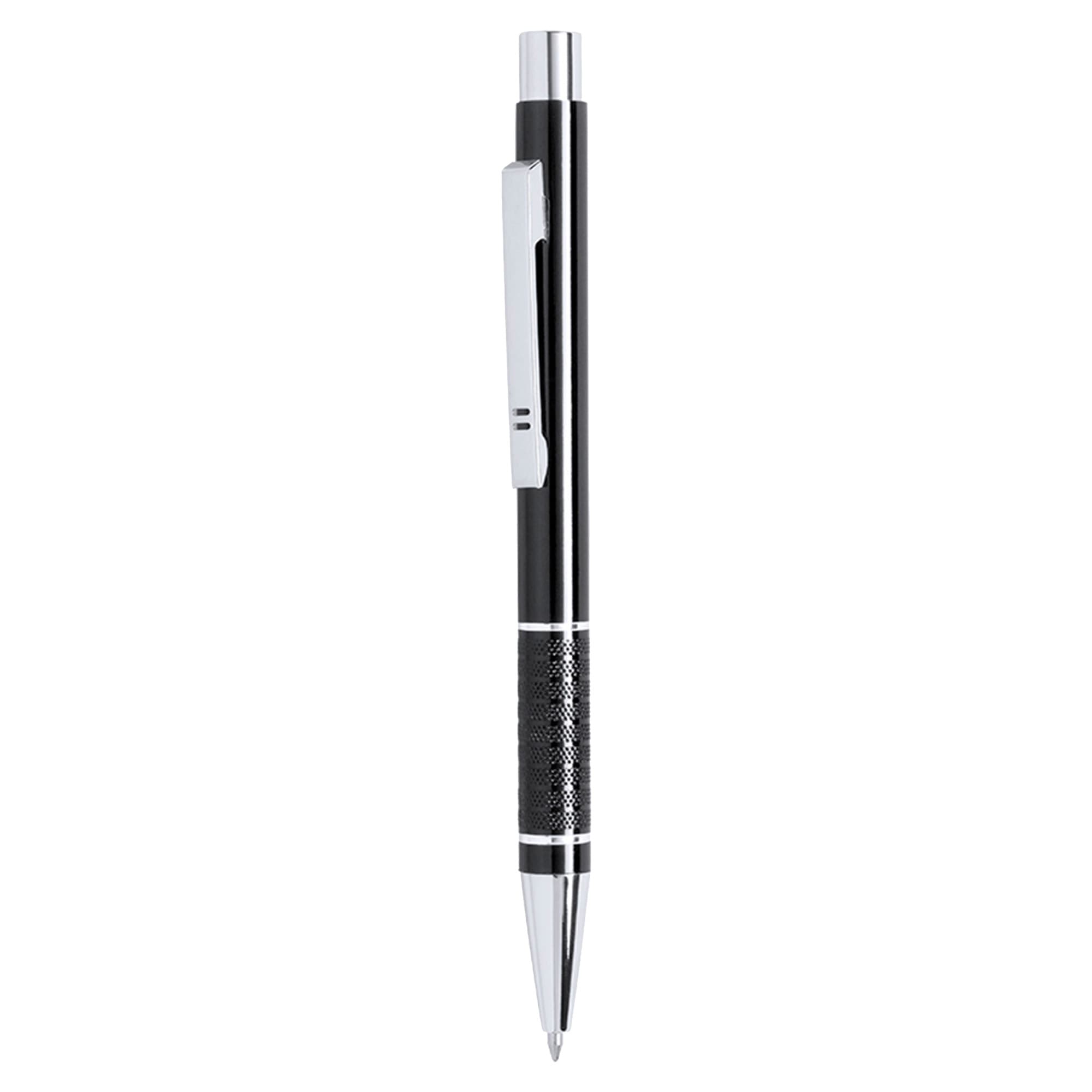 A black metal pen with a chrome clip and detailing, featuring a textured grip and a branding logo.