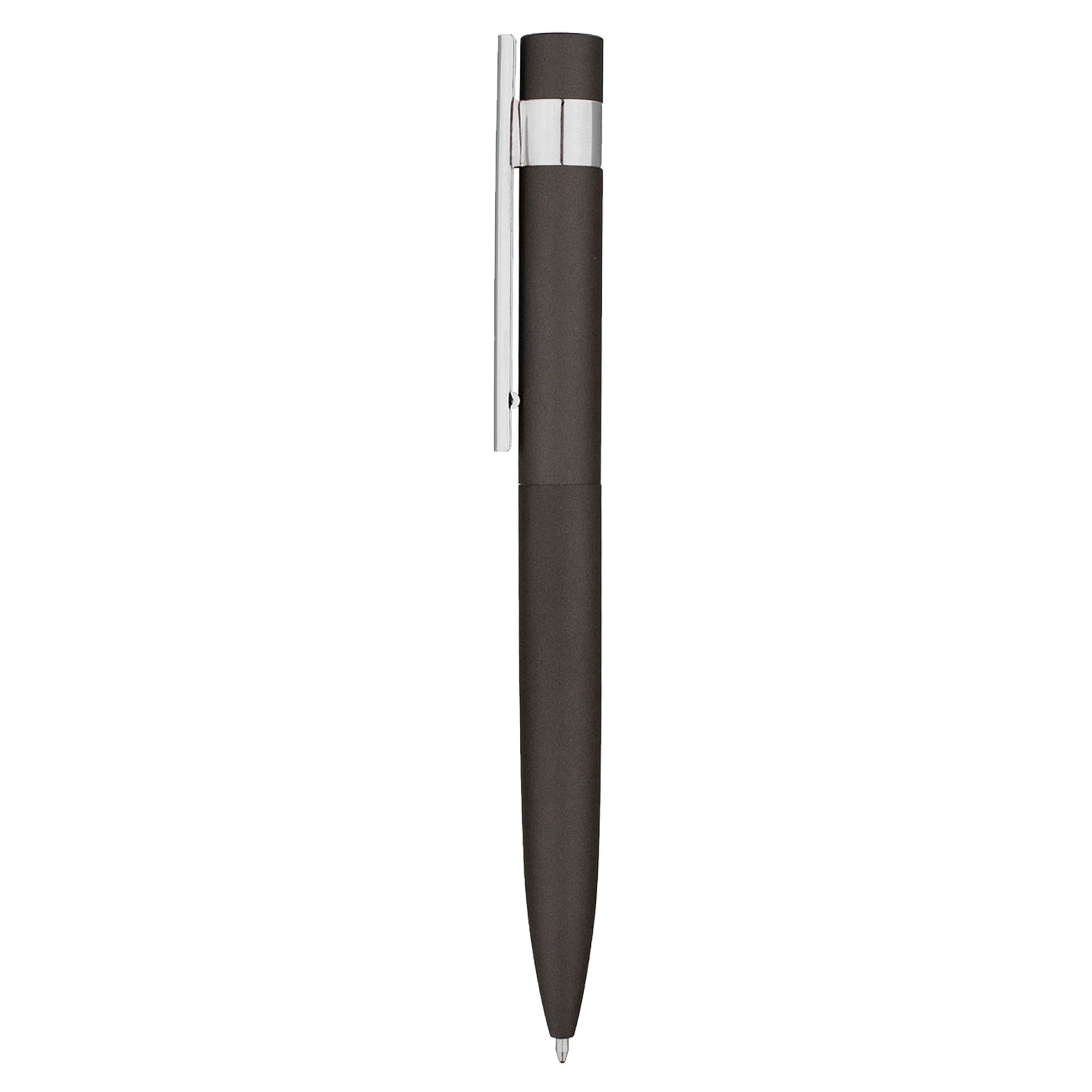 A metal pen in black with a chrome clip, featuring a sleek design and a brushed finish.