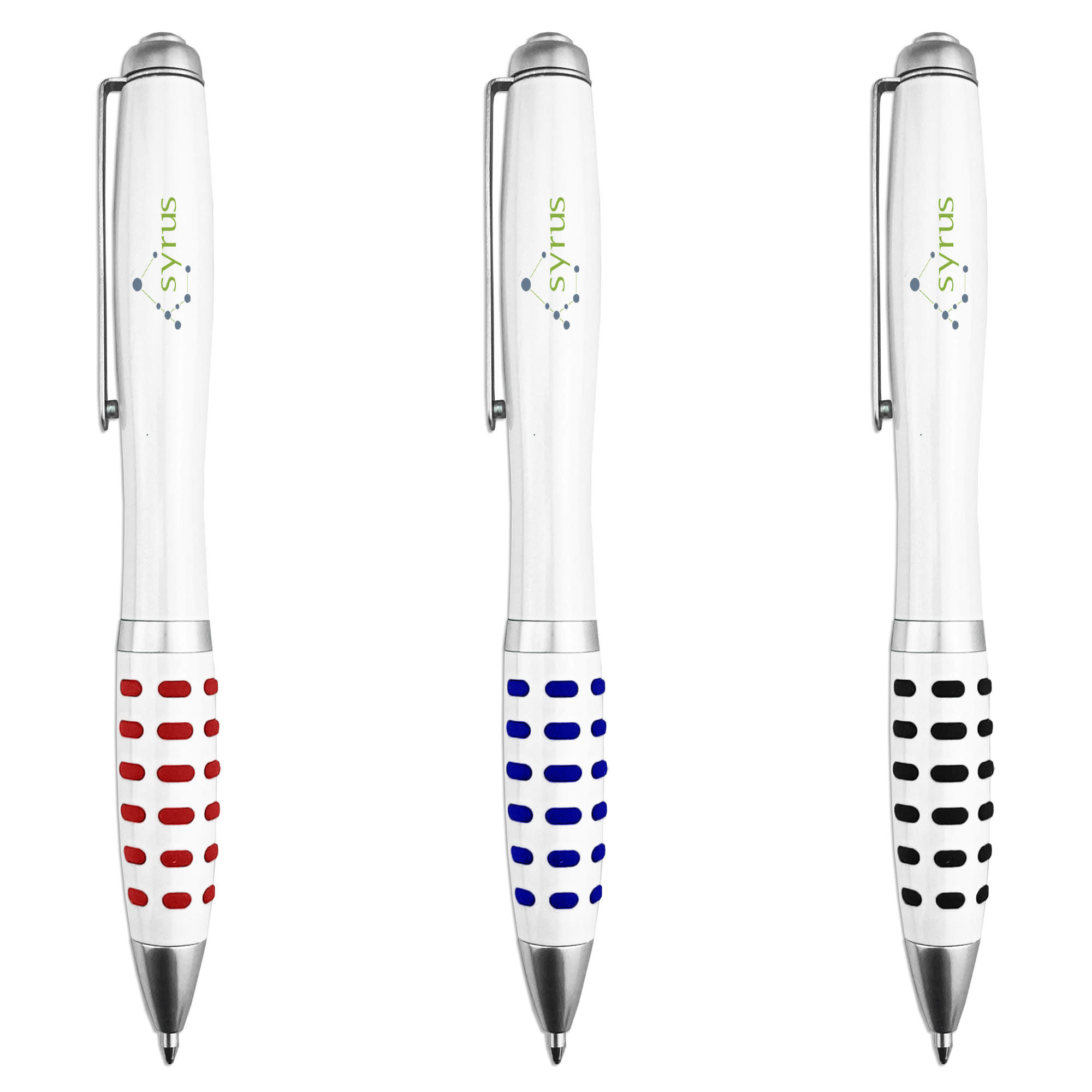 A set of three metal pens with white bodies and coloured grips in red, blue, and black. Each pen features a logo.