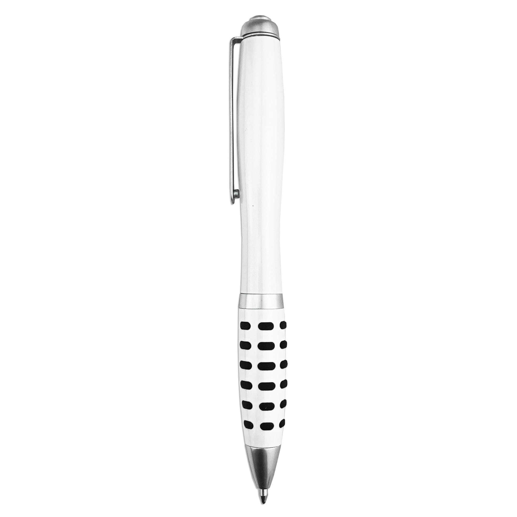 A metal pen in white with a black dotted grip and a shiny silver clip, featuring a branding logo.