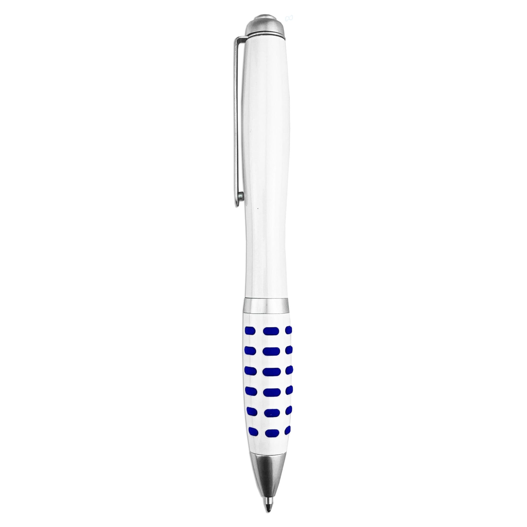 A metal pen with a white barrel and blue patterned grip, featuring a silver clip and tip.