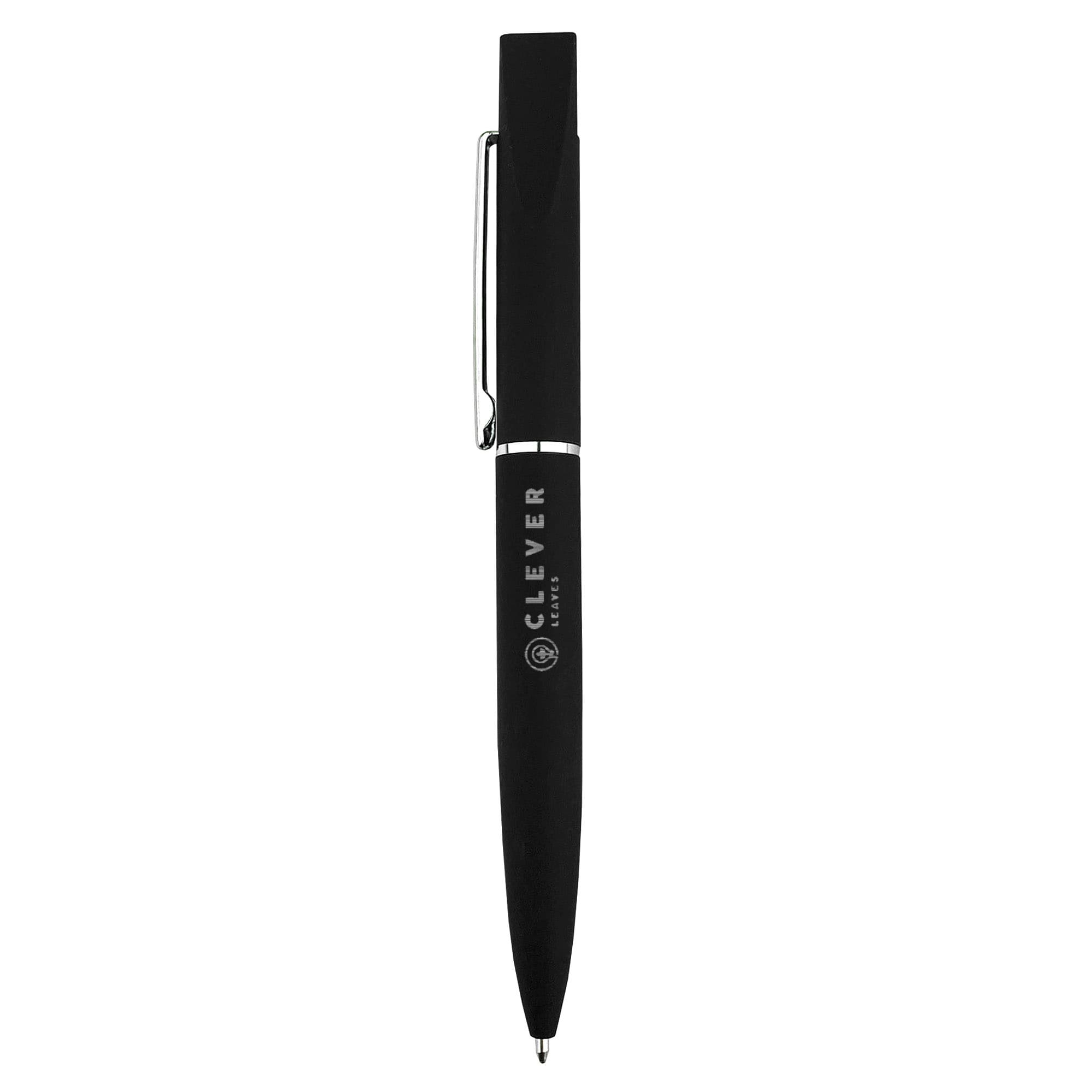 A black metal pen with a sleek design and a clip, featuring a logo on the barrel.