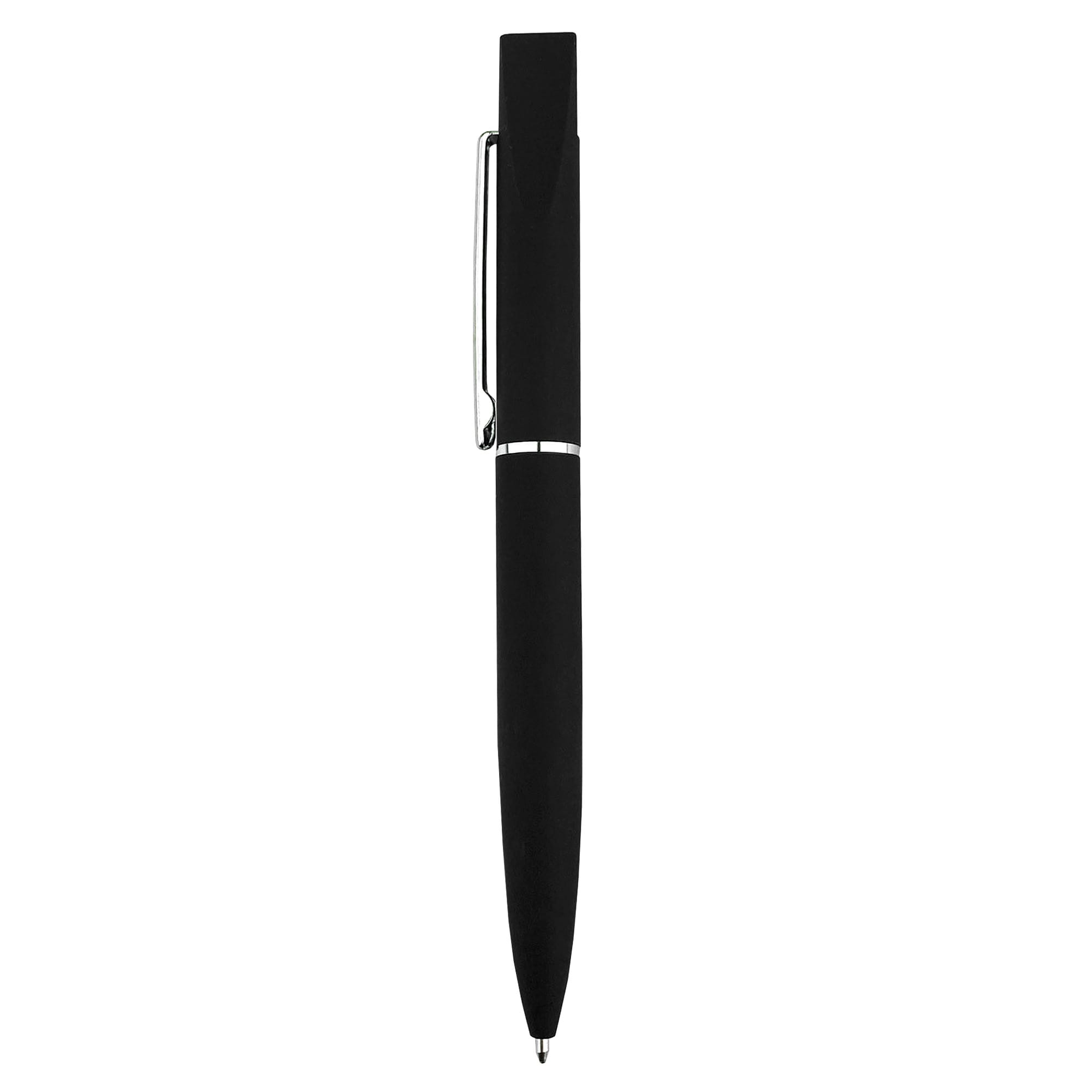 A metal pen in sleek black with a shiny silver clip and accents, featuring a minimalist design.