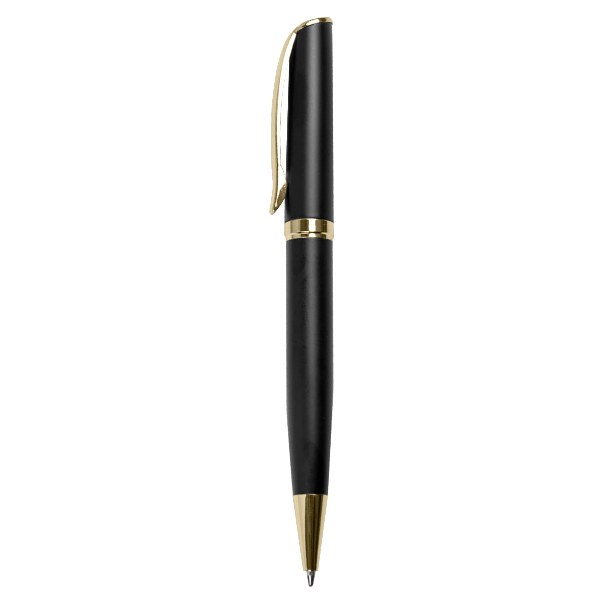 A black metal pen with gold accents and a clip, featuring a sleek and elegant design.