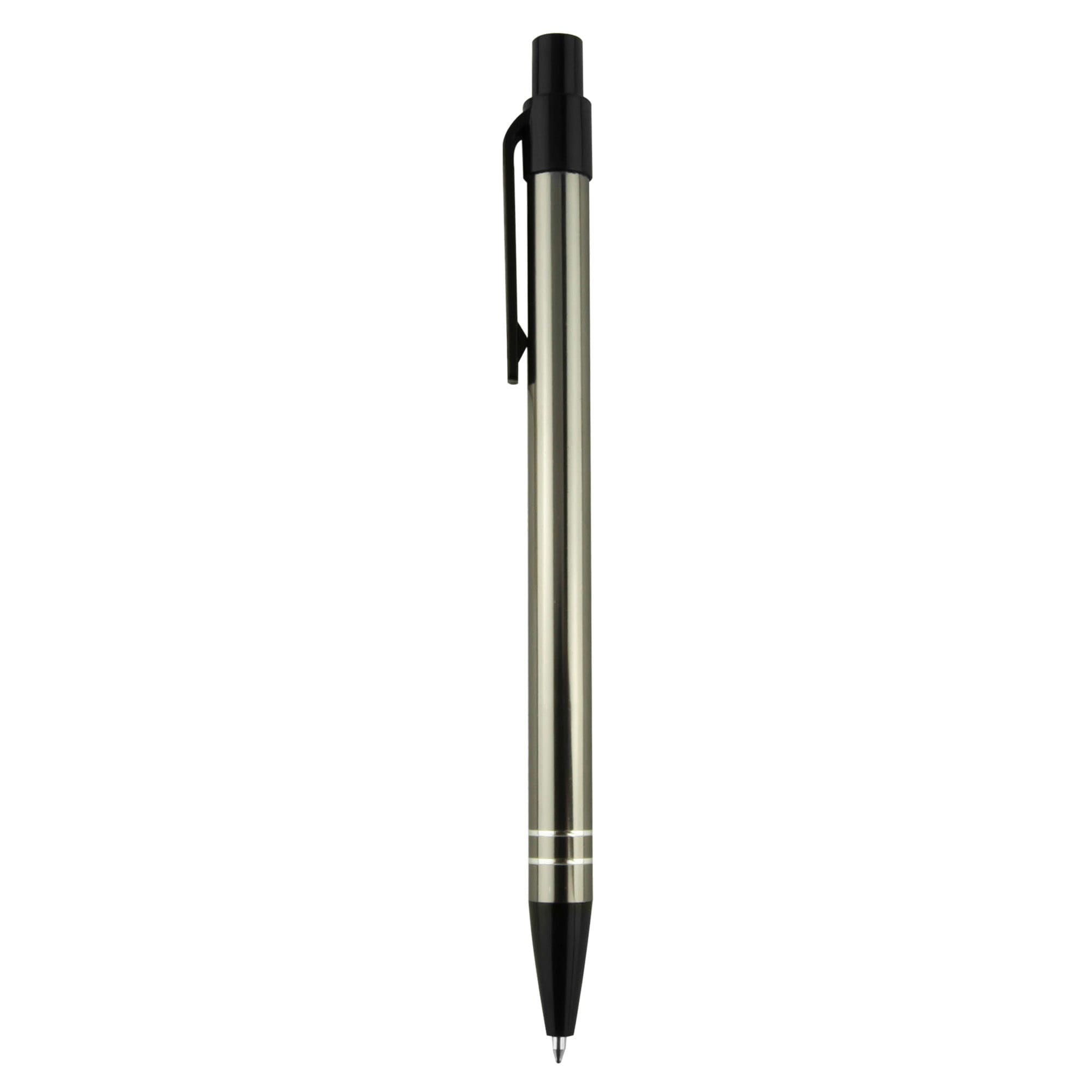 A metal pen in a sleek silver finish with black accents and a clip, featuring a logo.