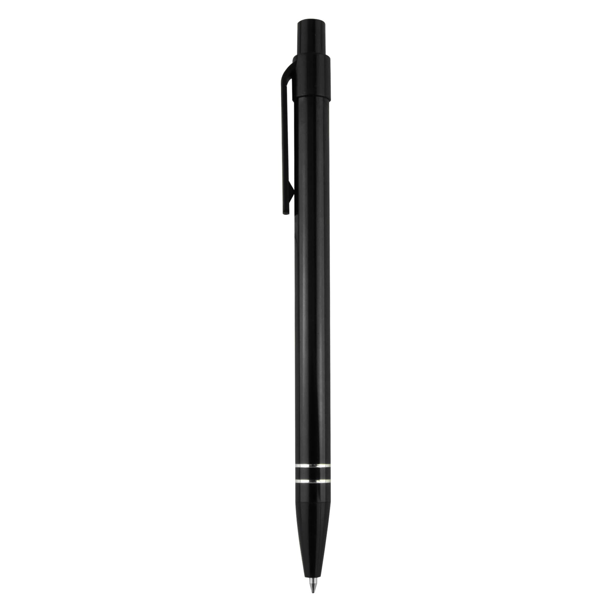 A black metal pen with a sleek design and a clip, featuring two silver stripes near the tip. It has a logo present.