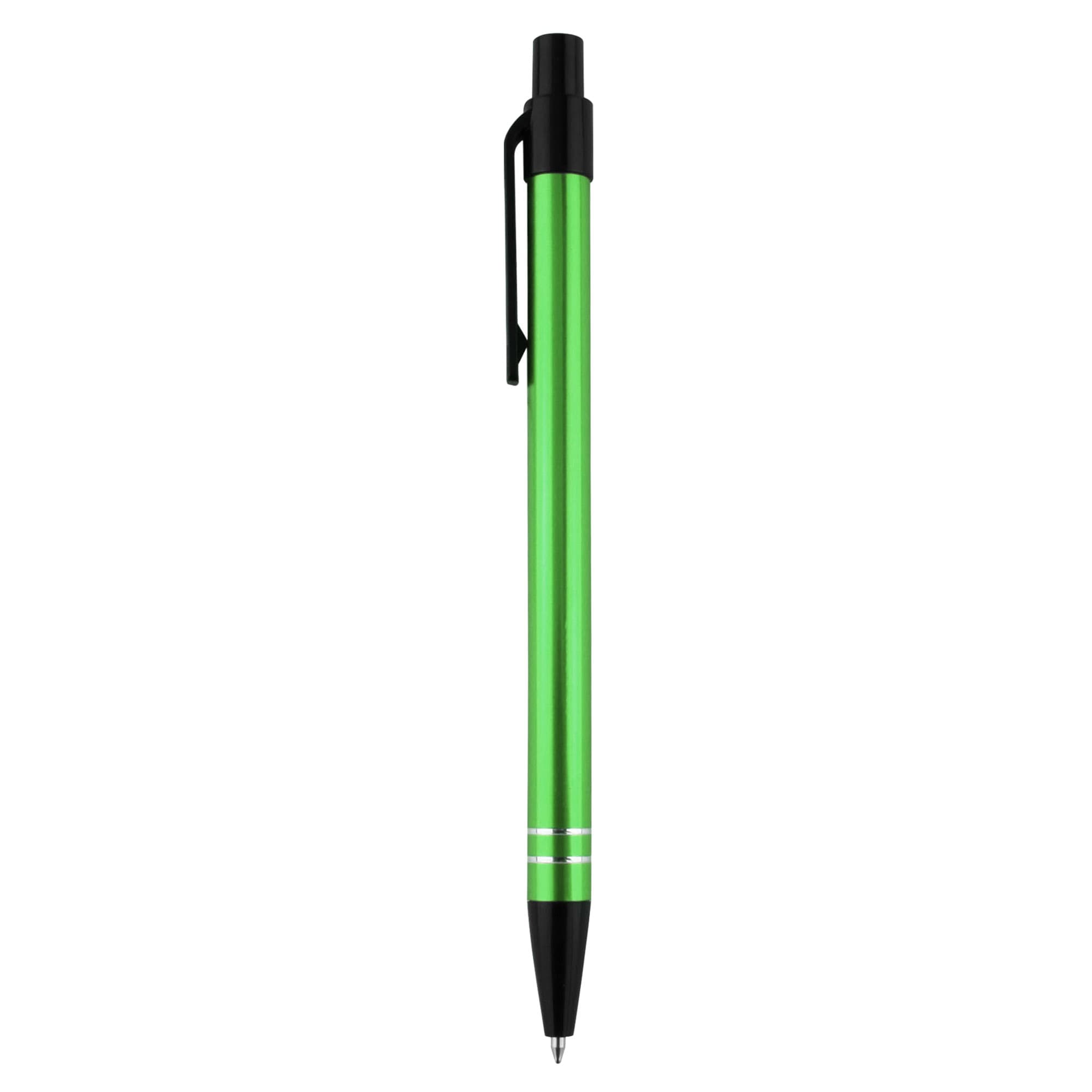 A metal pen in vibrant green with a black clip and silver accents. It features a sleek design and branding.