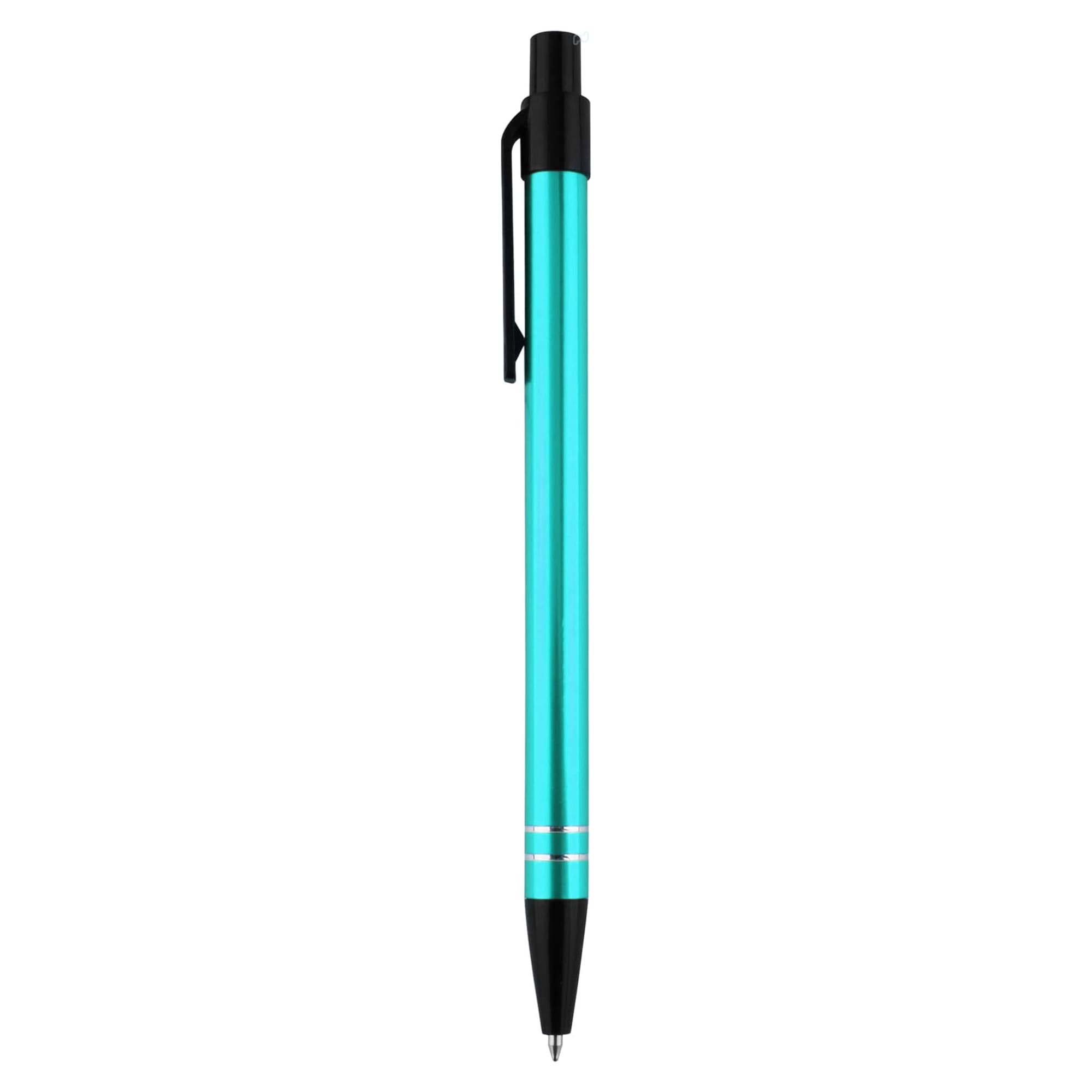 A metal pen in a vibrant turquoise colour with a black accent and a clip. It features a sleek design and modern branding.
