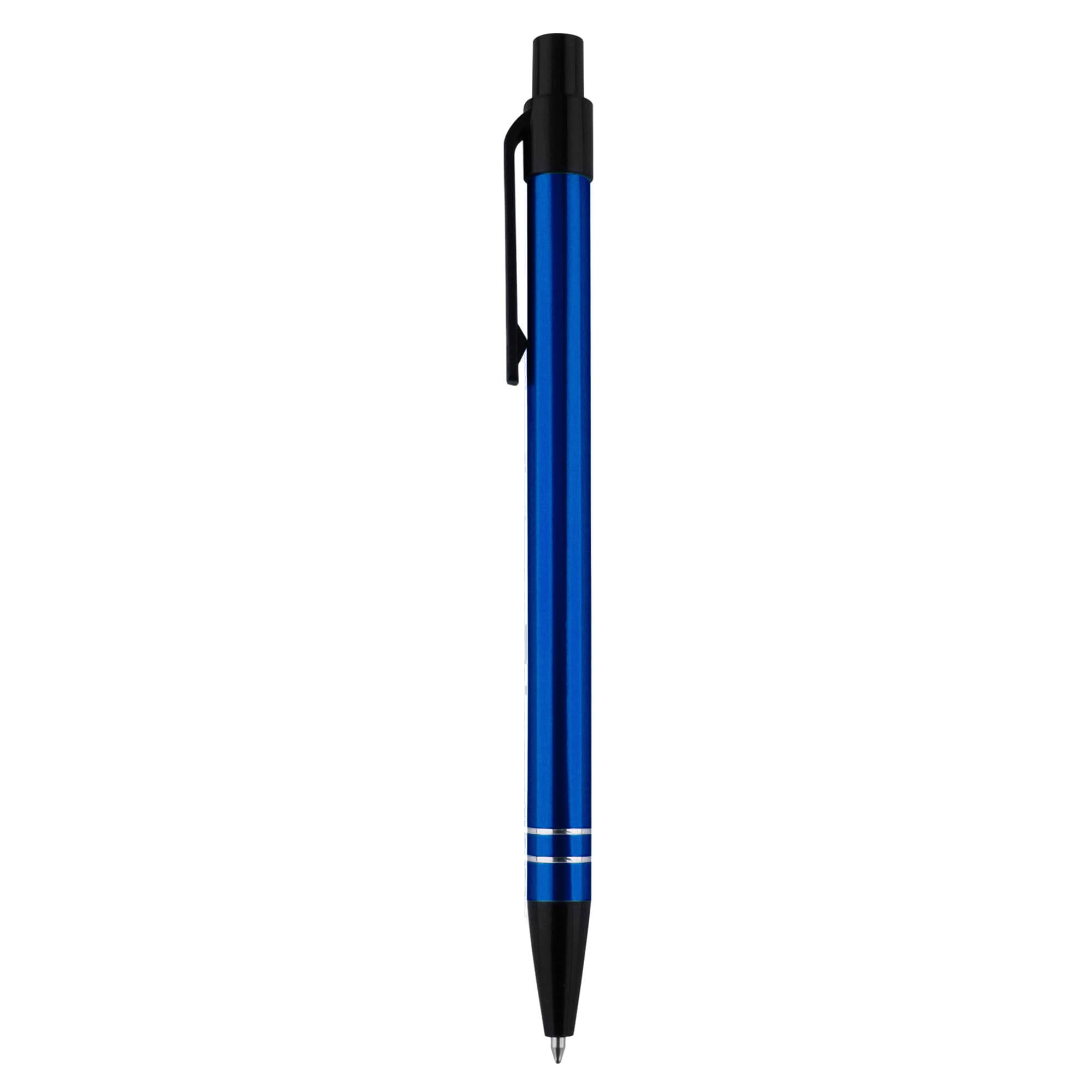 A metal pen in a vibrant blue colour with a black clip and two silver stripes. It features a branding logo.
